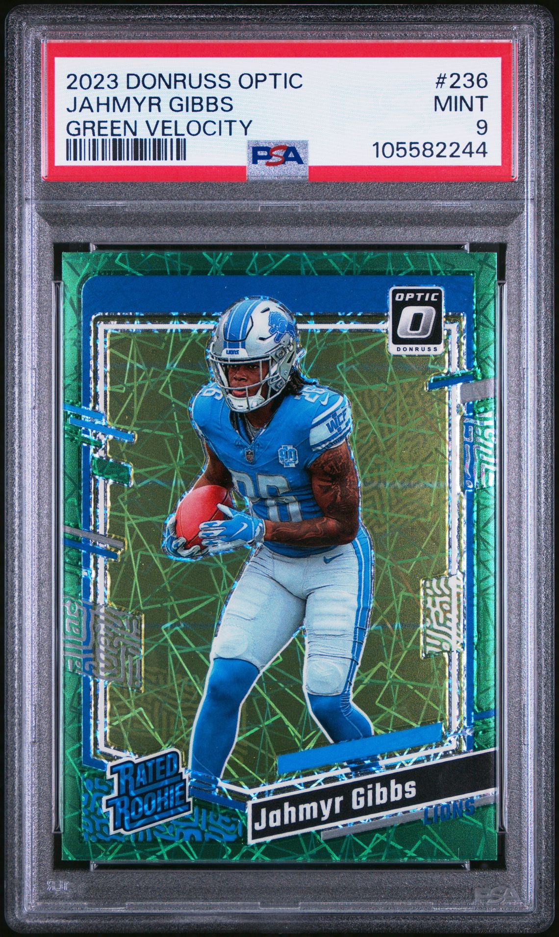 2023 Panini Donruss Optic Jahmyr Gibbs #236 (Green Velocity) Mint 9 front