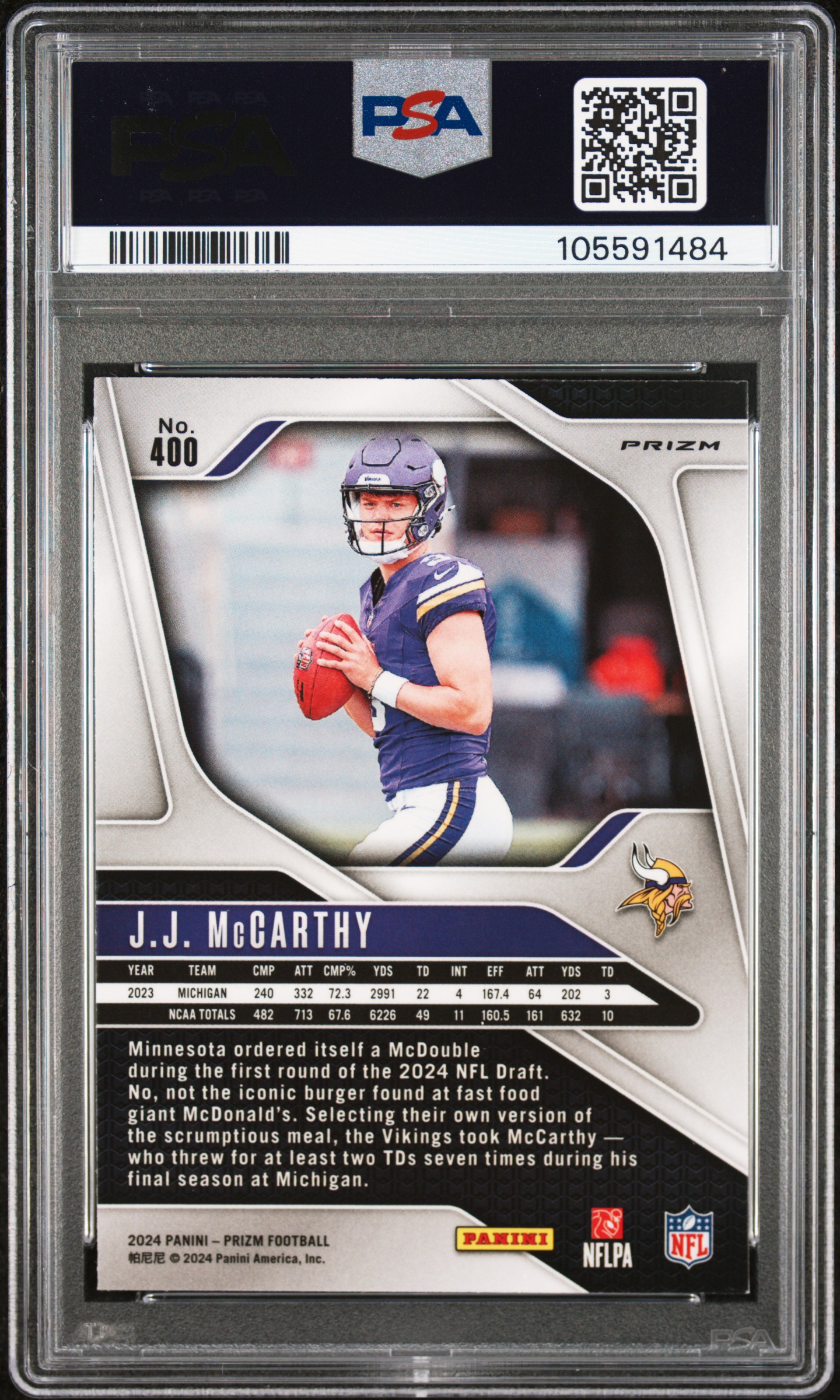 2024 Panini Prizm Jj Mccarthy #400 (Pink Prizm) Gem Mt 10 back