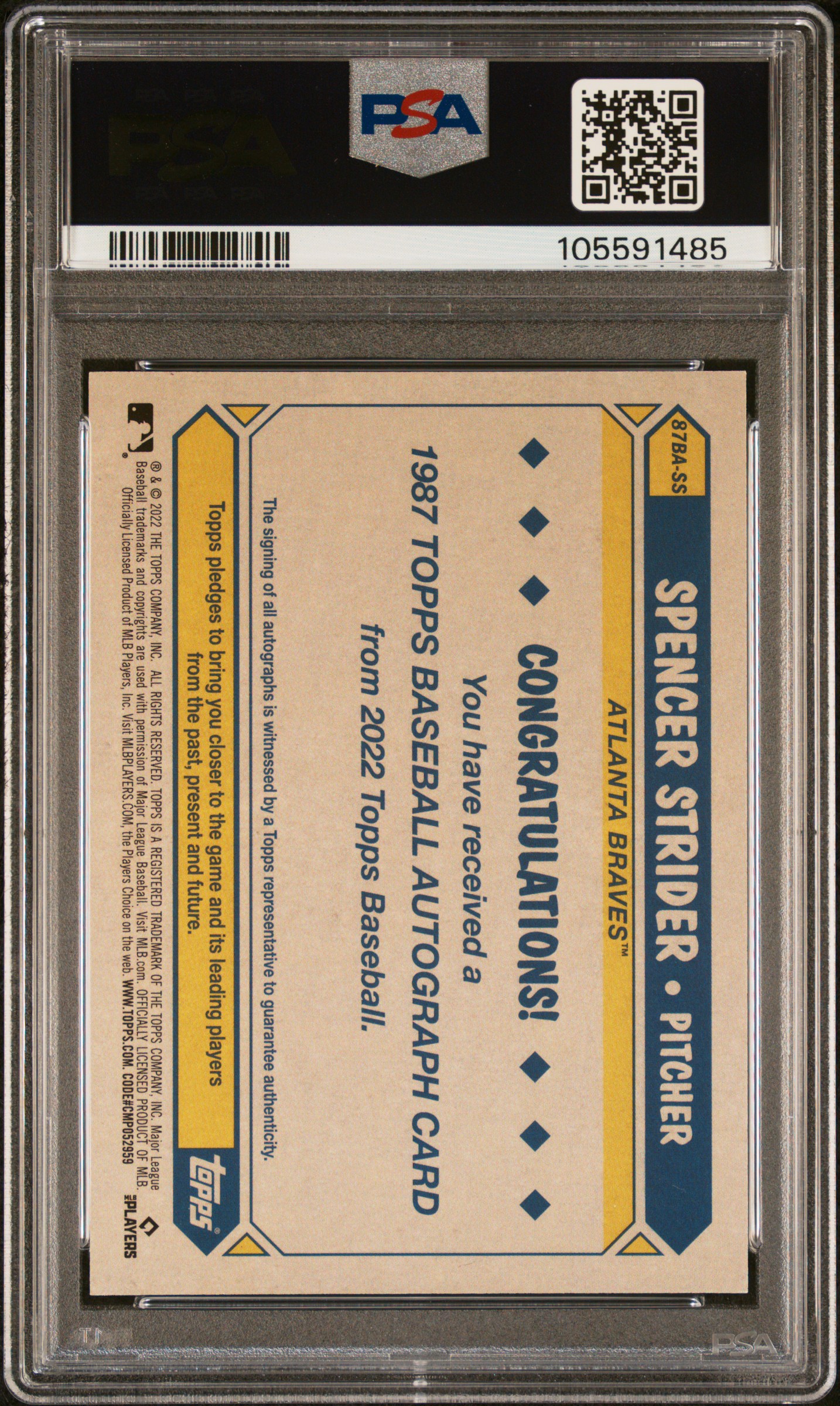 2022 Topps 1987 Topps Baseball Autographs Spencer Strider #87Bass ('87 Topps Baseball Au-Sr.2) Gem Mt 10 back