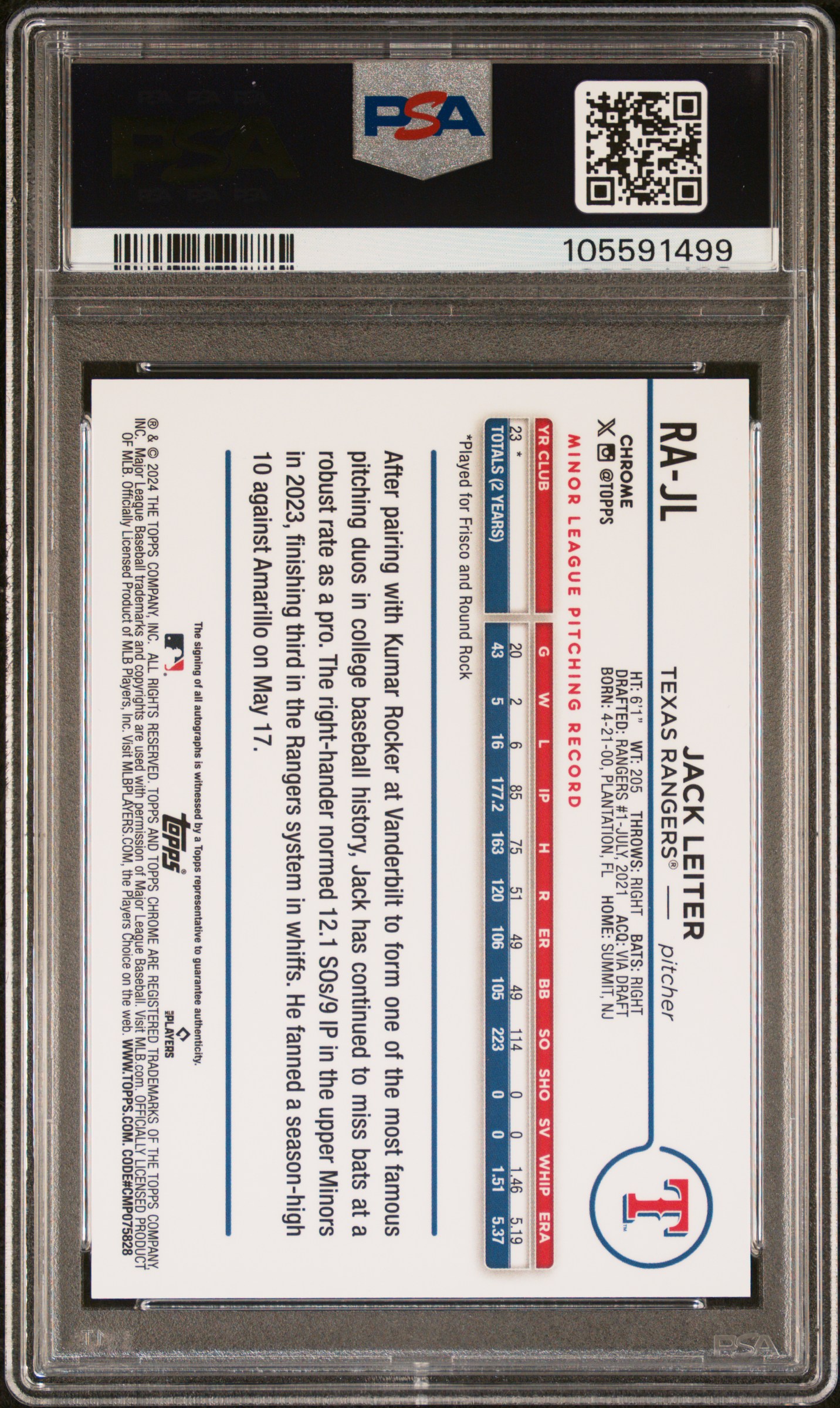 2024 Topps Chrome Update Chrome Baseball Update Series Autographs Jack Leiter #Rajl (Autograph-Gold Refractor) Gem Mt 10 back