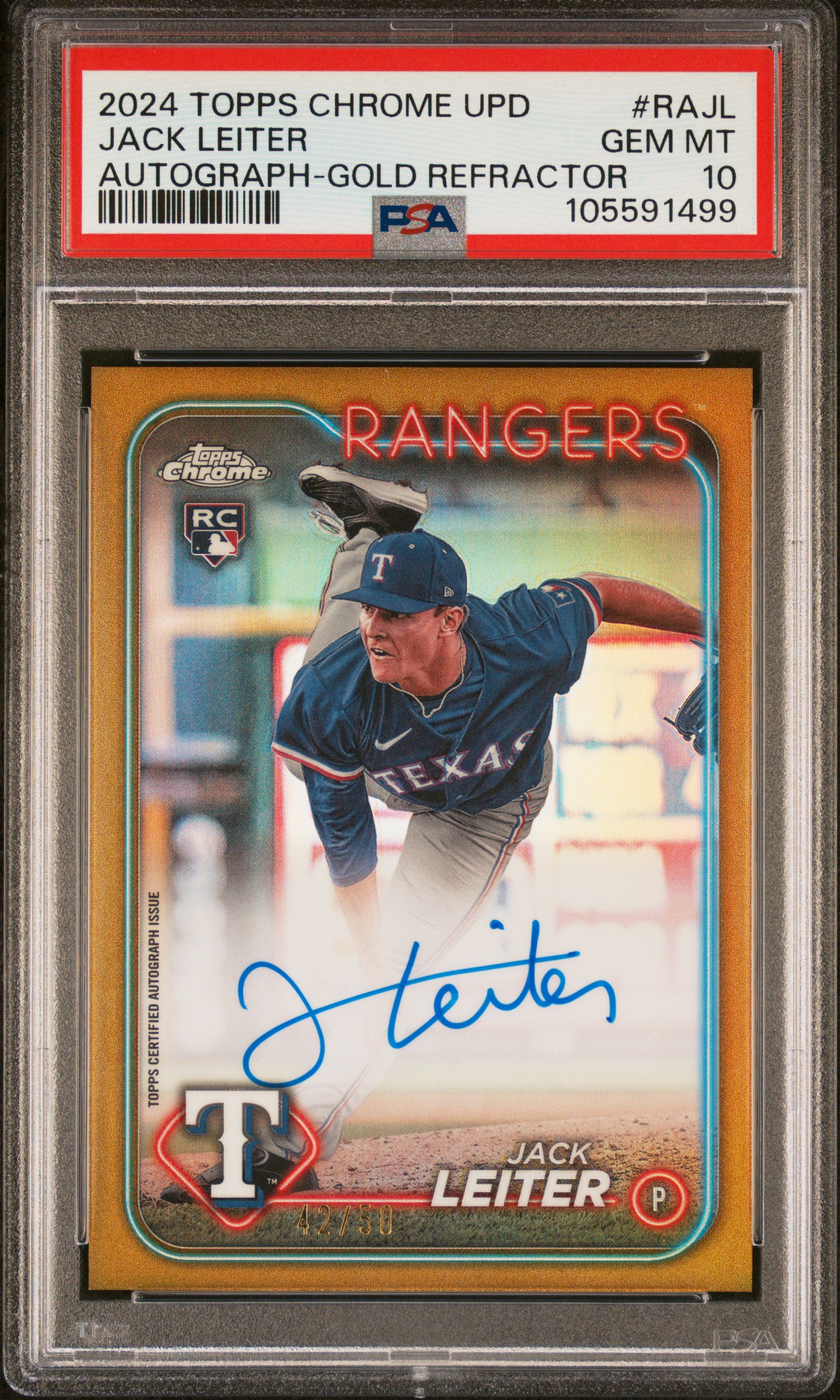 2024 Topps Chrome Update Chrome Baseball Update Series Autographs Jack Leiter #Rajl (Autograph-Gold Refractor) Gem Mt 10 front