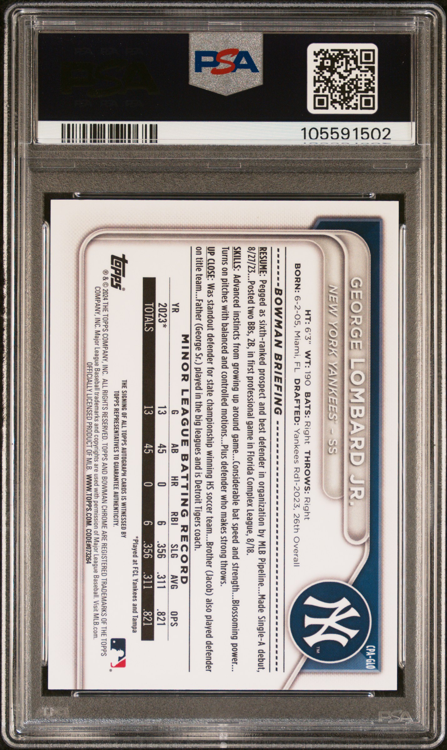 2024 Bowman Chrome Prospect Autographs George Lombard Jr. #Cpaglo (Chr Prspct Au-Hta Gld Lava) Mint 9 back