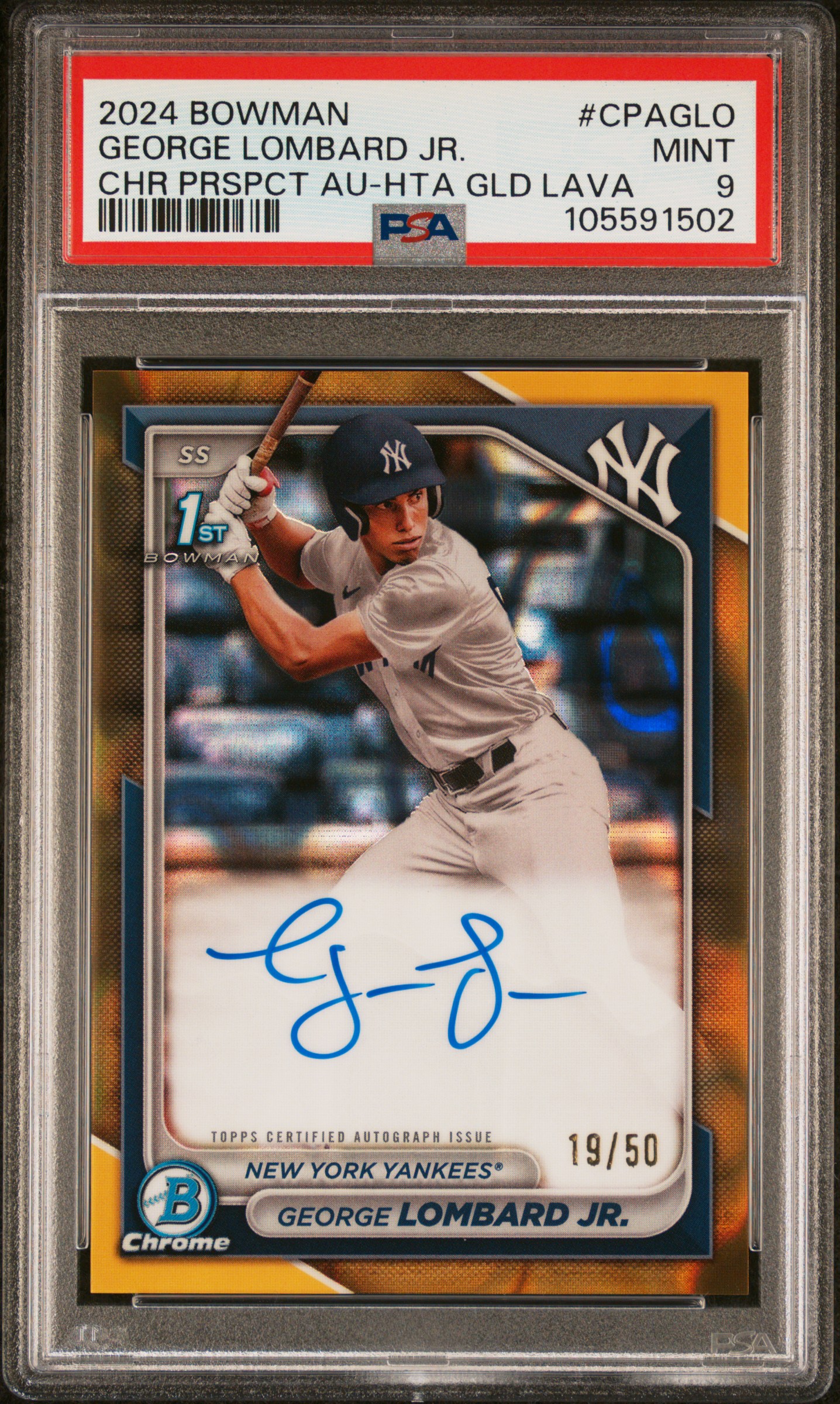 2024 Bowman Chrome Prospect Autographs George Lombard Jr. #Cpaglo (Chr Prspct Au-Hta Gld Lava) Mint 9 front