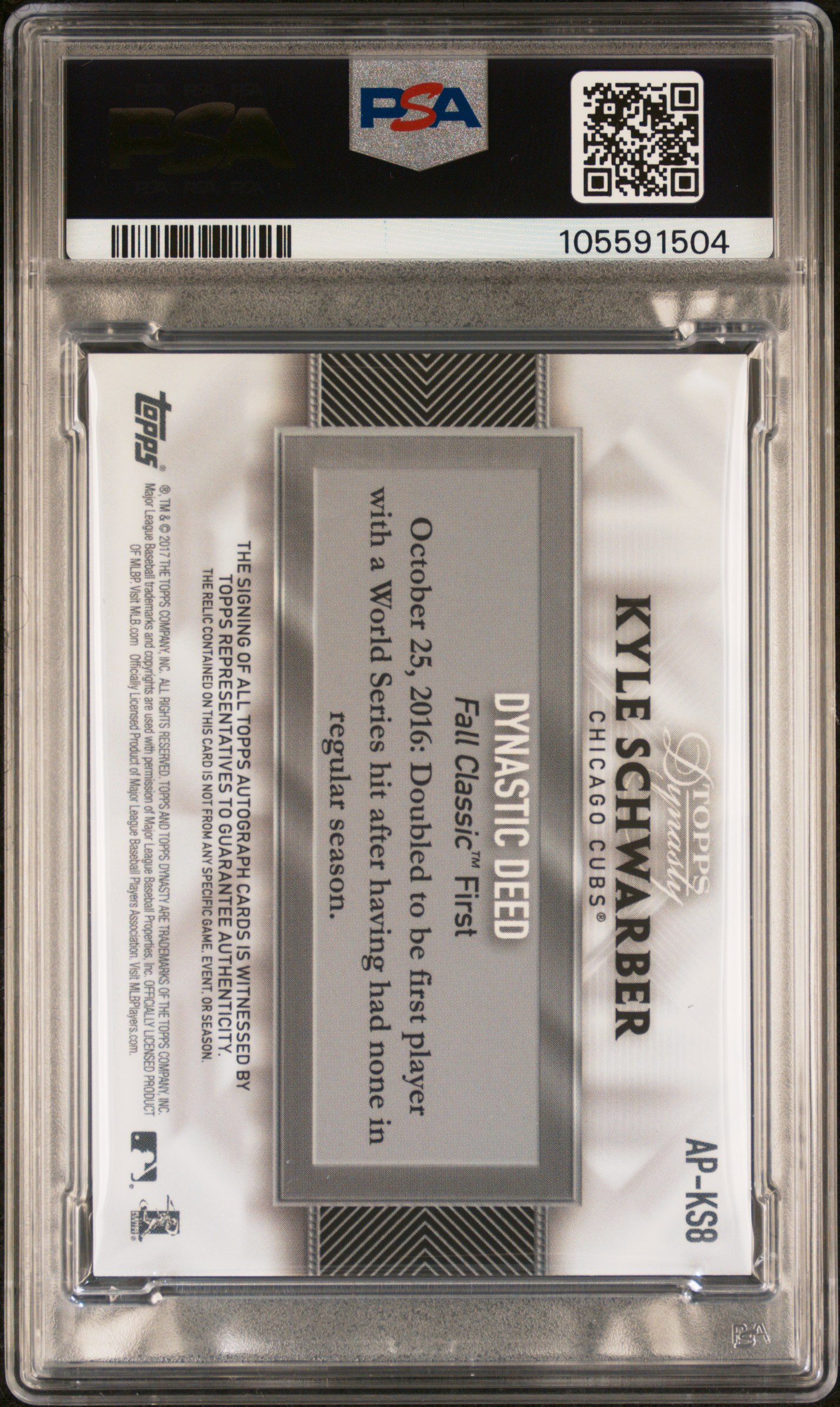 2017 Topps Dynasty Autograph Patch Kyle Schwarber #Ks8 Gem Mt 10 back