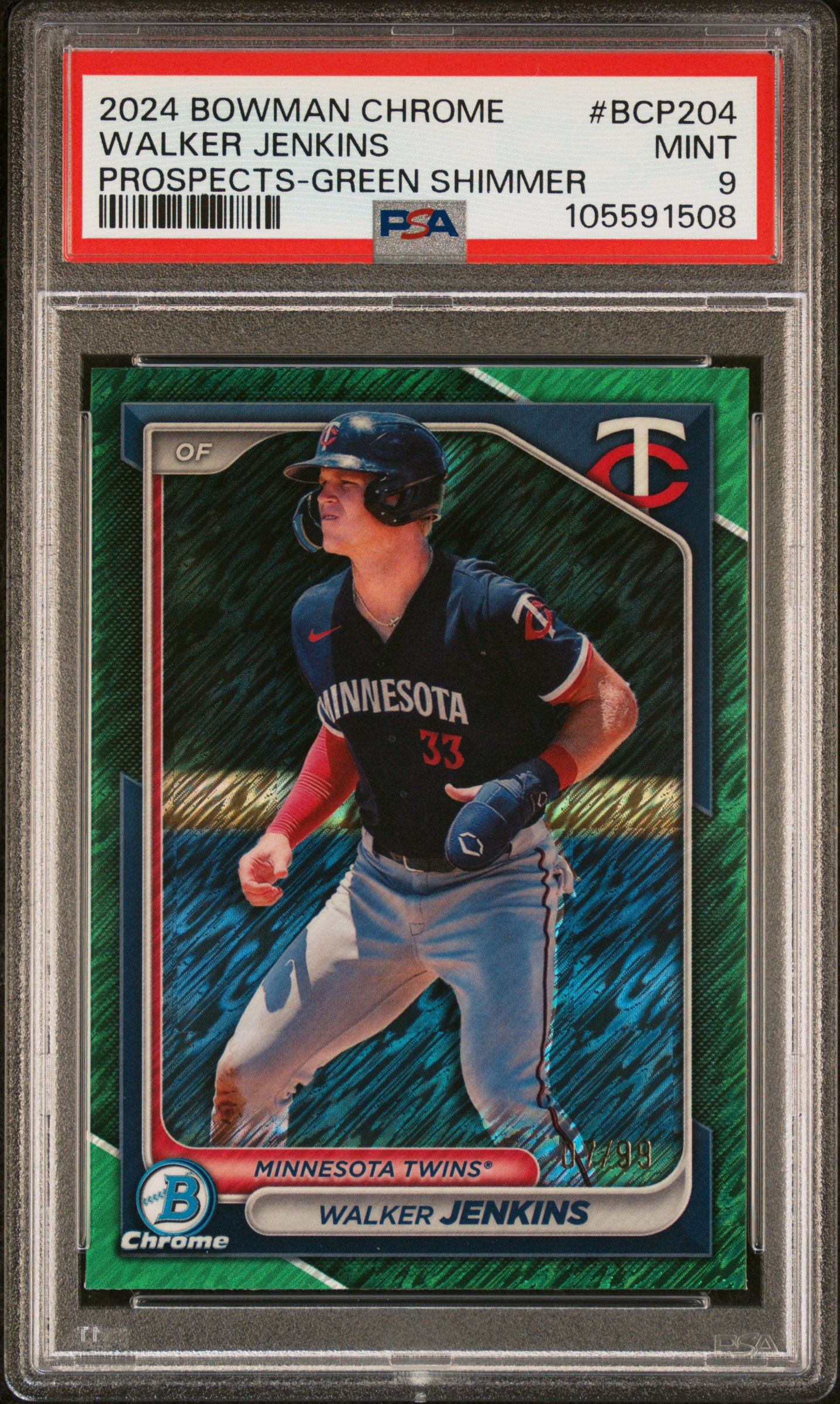 2024 Bowman Chrome Prospects Walker Jenkins #Bcp204 (Prospects-Green Shimmer) Mint 9 front