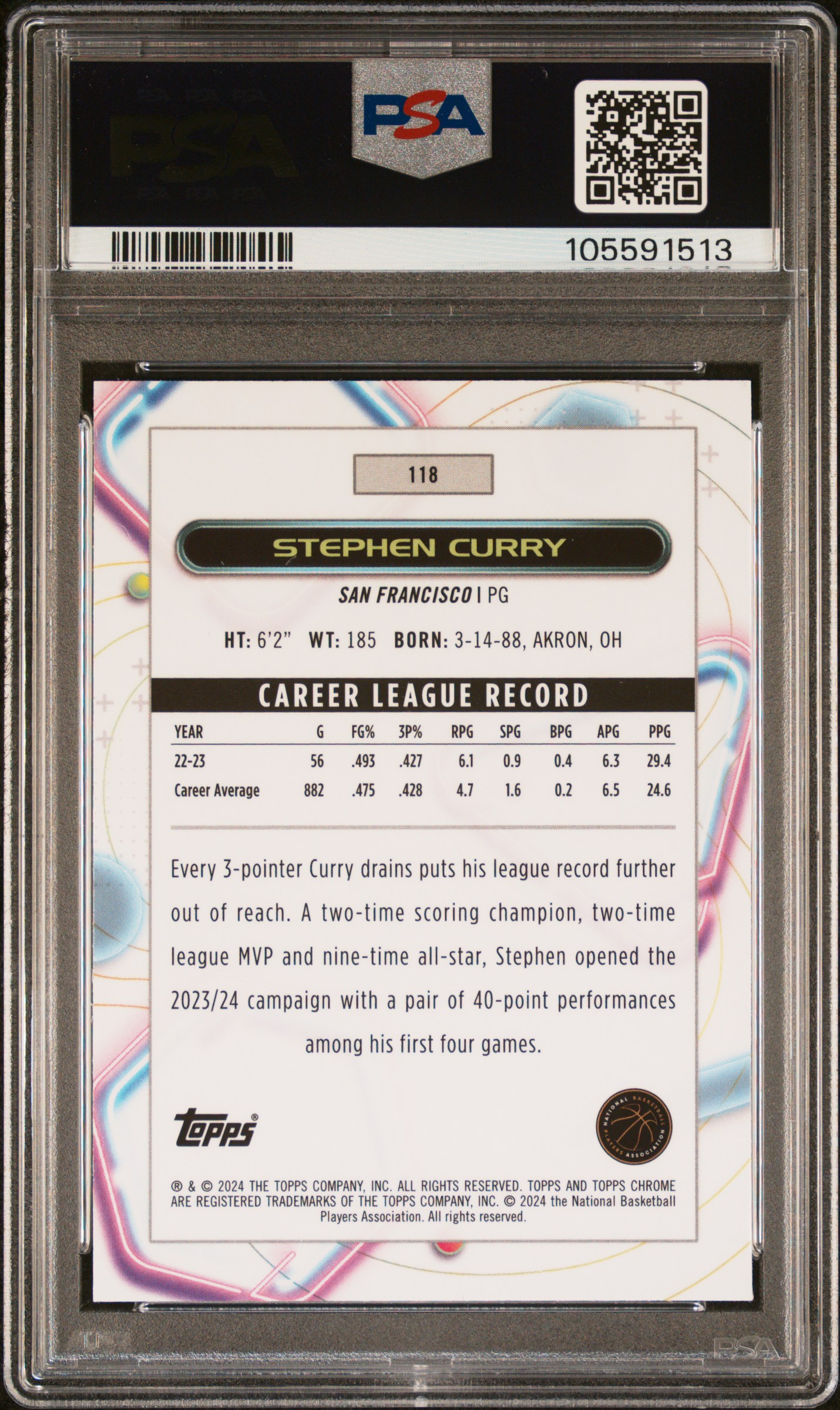 2023 Topps Cosmic Chrome Stephen Curry #118 (Aqua Equinox) Gem Mt 10 back