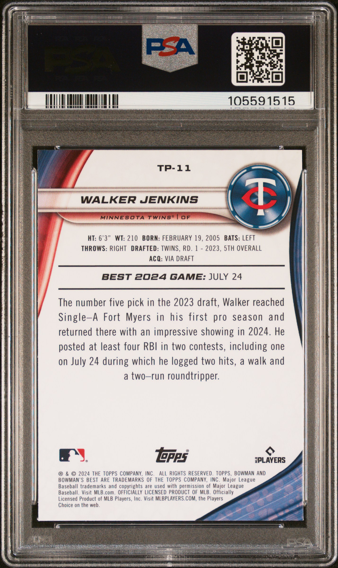 2024 Bowman's Best Top Prospects Walker Jenkins #Tp11 (Top Prospects-Gold Lava) Gem Mt 10 back