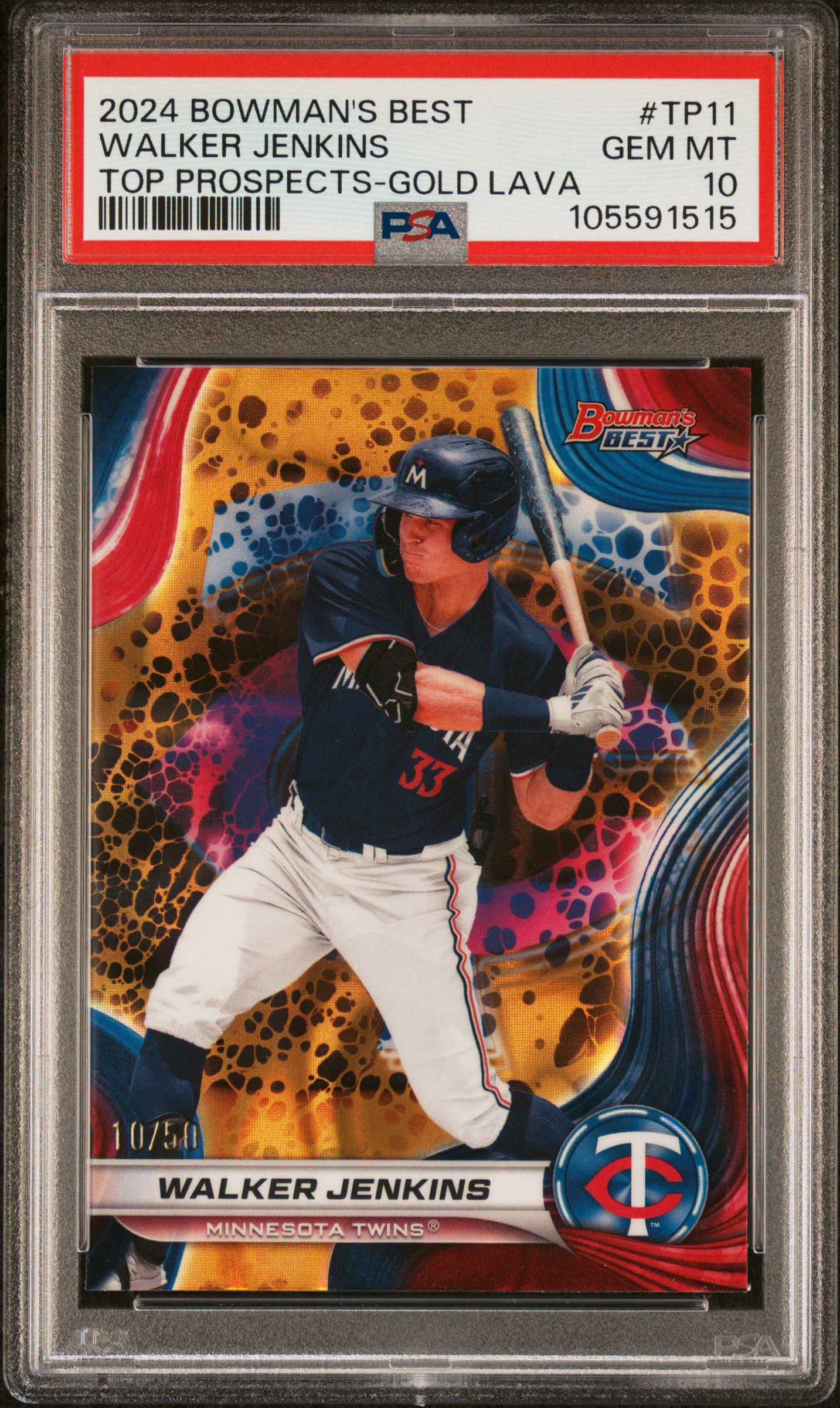 2024 Bowman's Best Top Prospects Walker Jenkins #Tp11 (Top Prospects-Gold Lava) Gem Mt 10 front