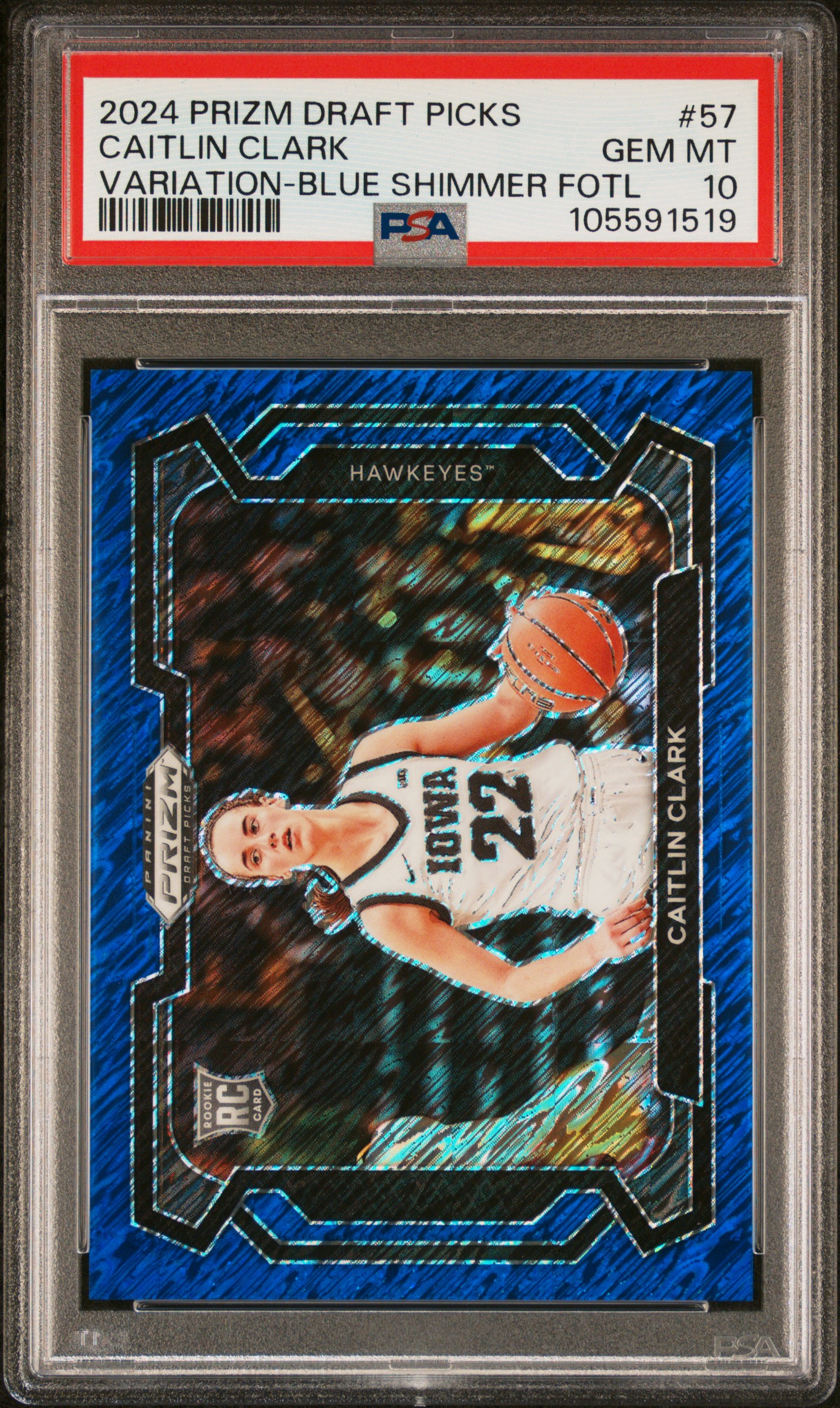 2024 Panini Prizm Draft Picks Caitlin Clark #57 (Variation-Blue Shimmer Fotl) Gem Mt 10 front