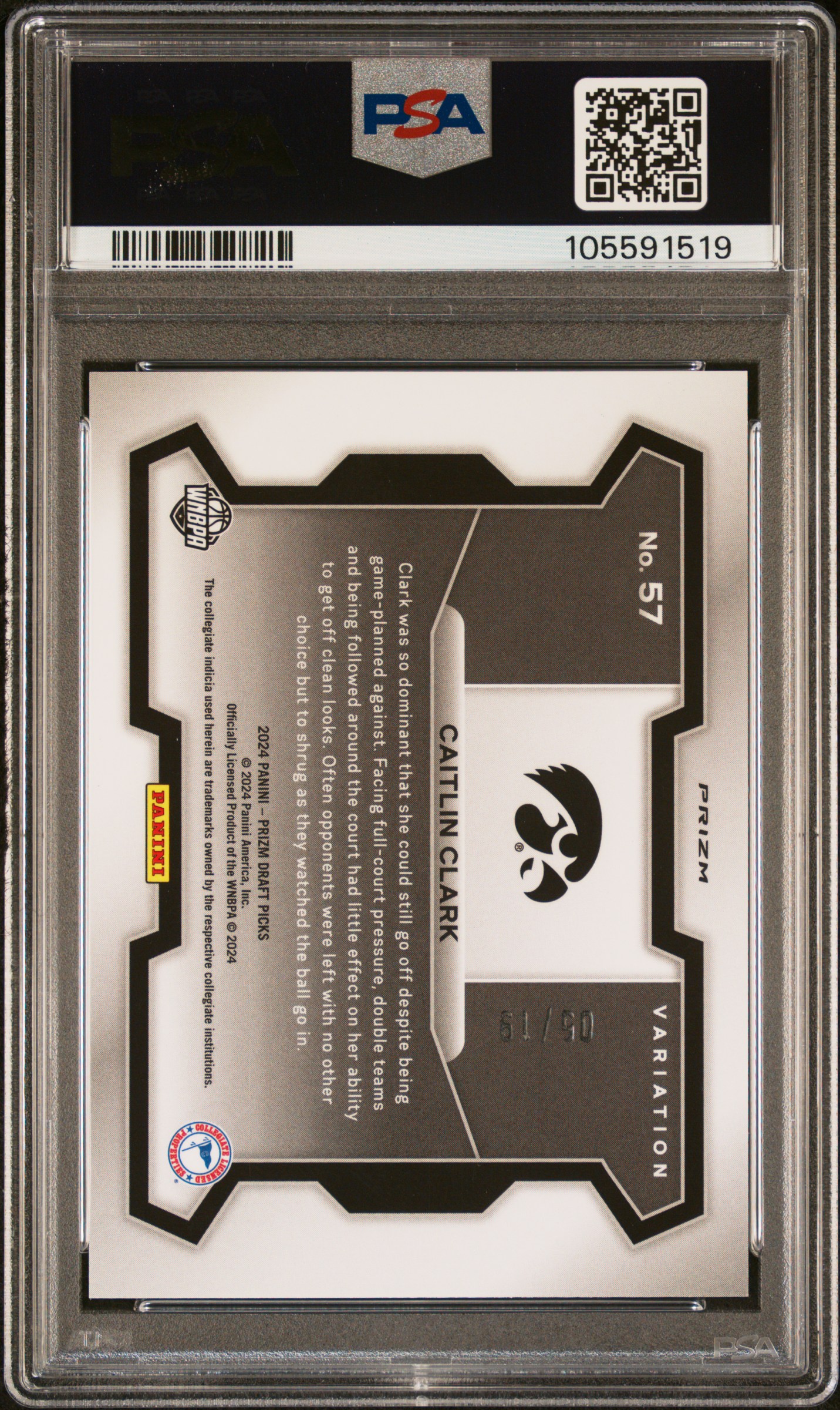 2024 Panini Prizm Draft Picks Caitlin Clark #57 (Variation-Blue Shimmer Fotl) Gem Mt 10 back