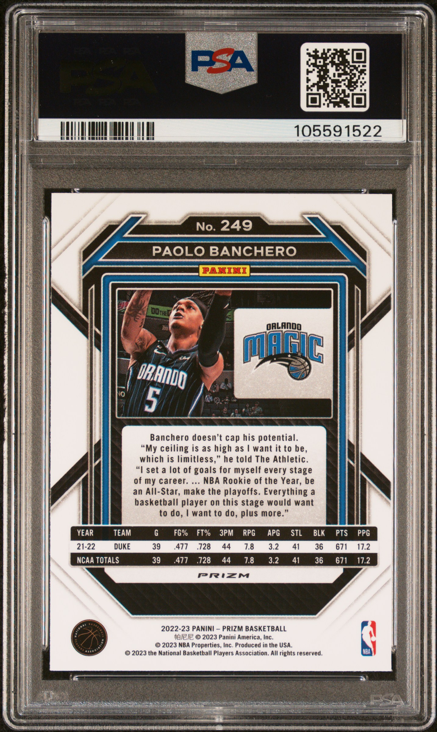 2022 Panini Prizm Paolo Banchero #249 (Green Prizm) Mint 9 back