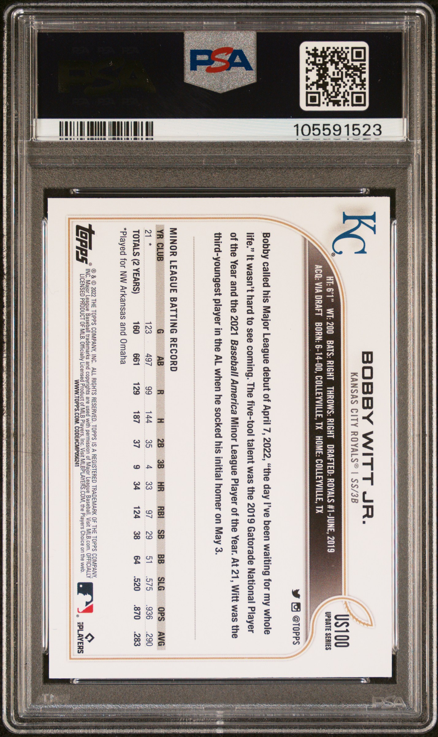 2022 Topps Update Bobby Witt Jr. #Us100 Mint 9 back