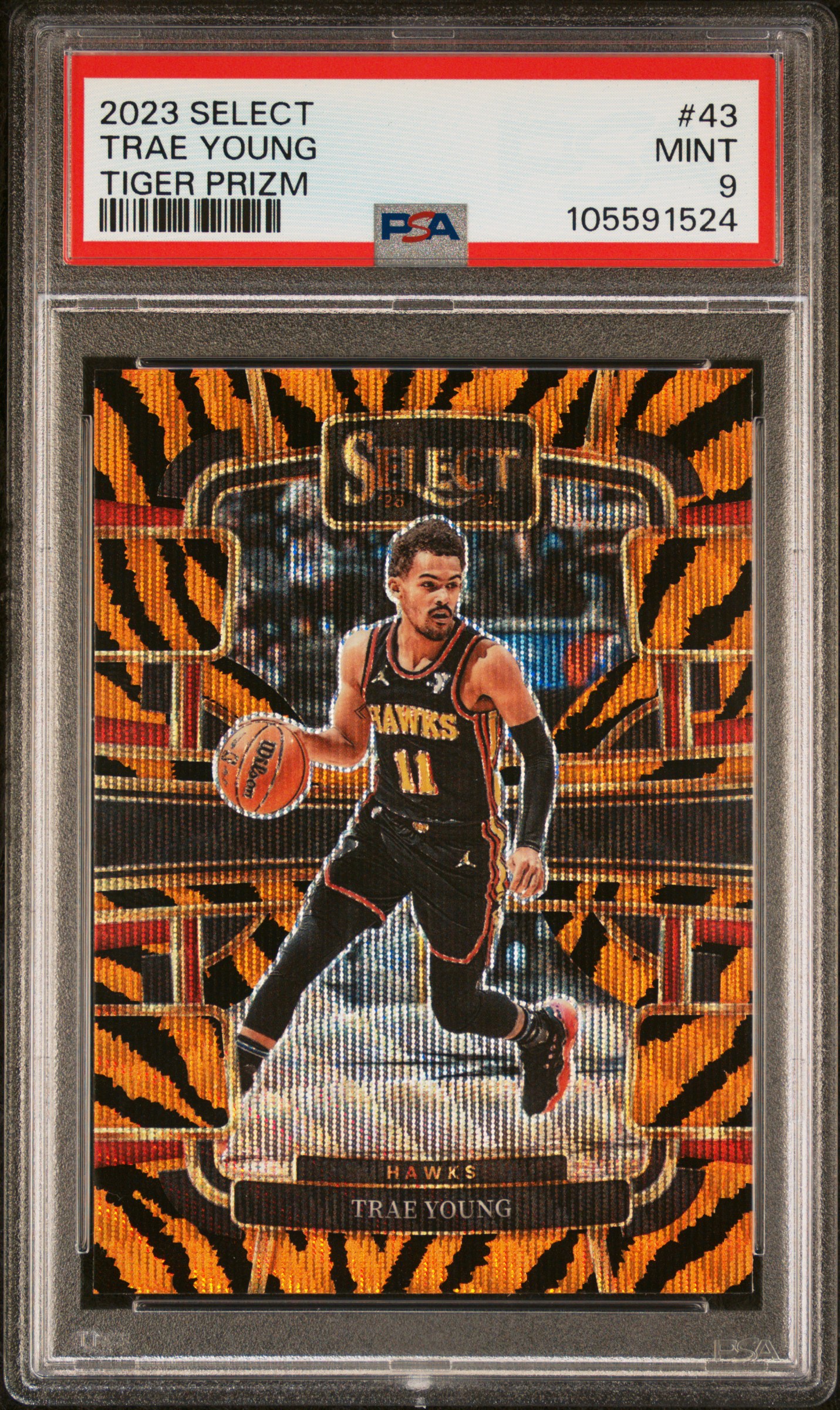2023 Panini Select Trae Young #43 (Tiger Prizm) Mint 9 front