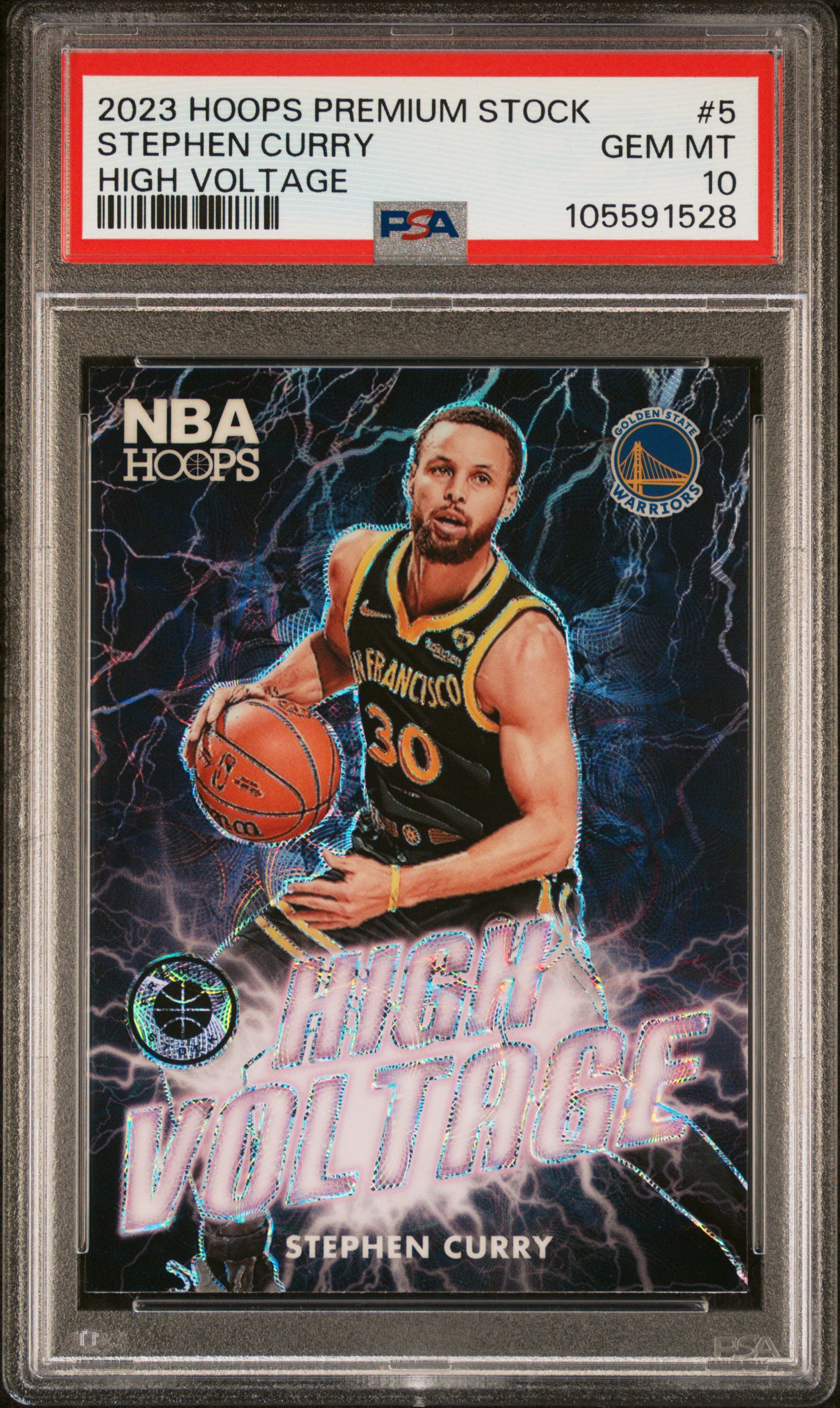 2023 Panini Hoops Premium Stock High Voltage Stephen Curry #5 Gem Mt 10 front