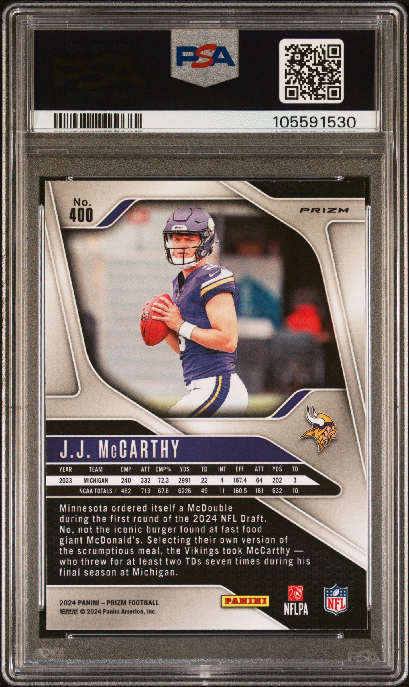 2024 Panini Prizm Jj Mccarthy #400 (Silver Prizm) Mint 9 back