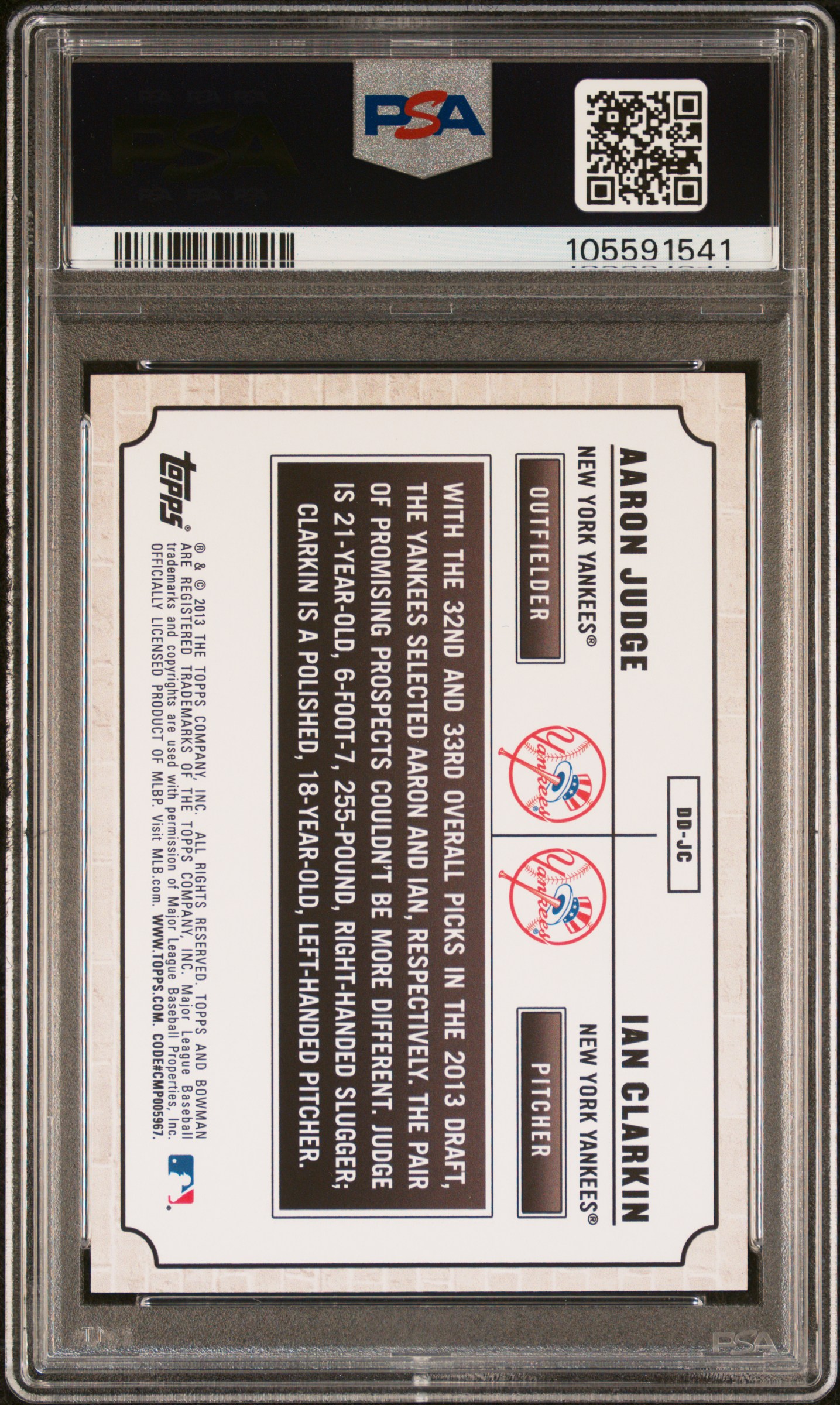 2013 Bowman Draft Picks & Prospects Dual Draftees A.judge/I.clarkin #Dd-Jc (Dual Draftees) Mint 9 back