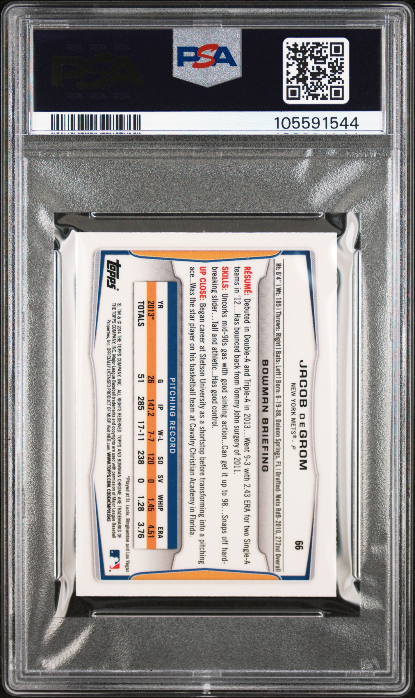 2014 Bowman Chrome Mini Jacob Degrom #66 (Mini-Black Shimmer Ref.) Mint 9 back