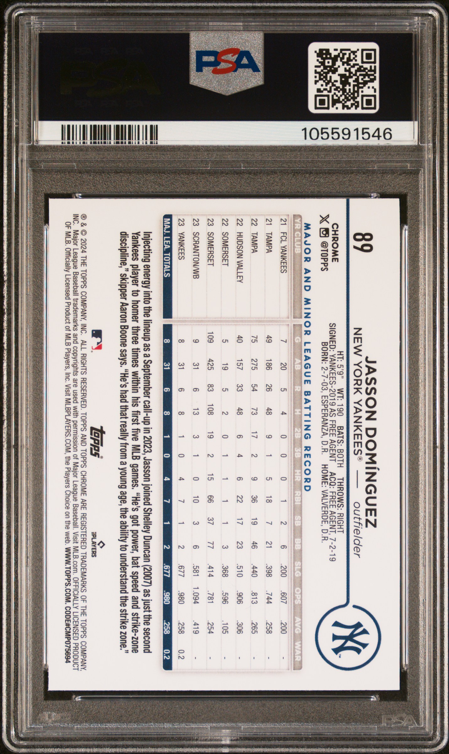 2024 Topps Chrome Jasson Dominguez #89 Gem Mt 10 back