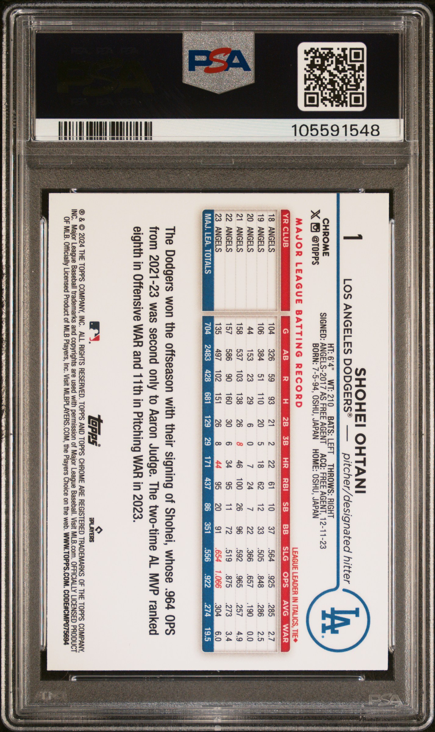 2024 Topps Chrome Shohei Ohtani #1 Gem Mt 10 back