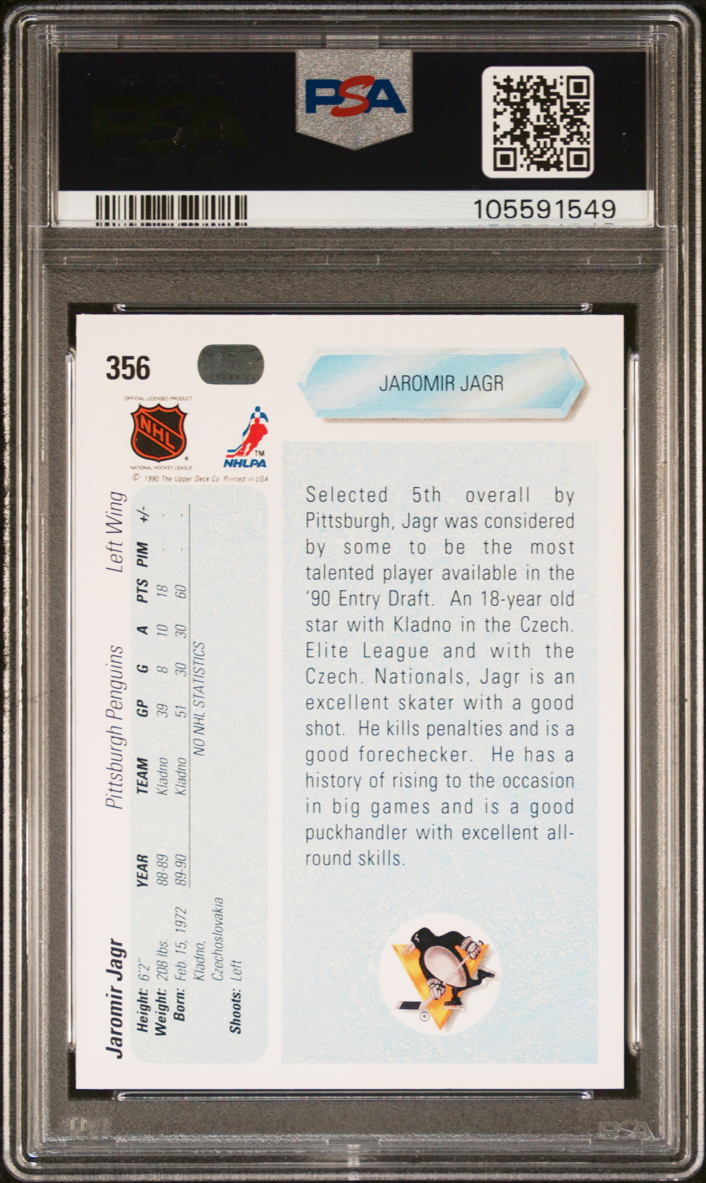 1990 Upper Deck Jaromir Jagr #356 Nm-Mt 8 back
