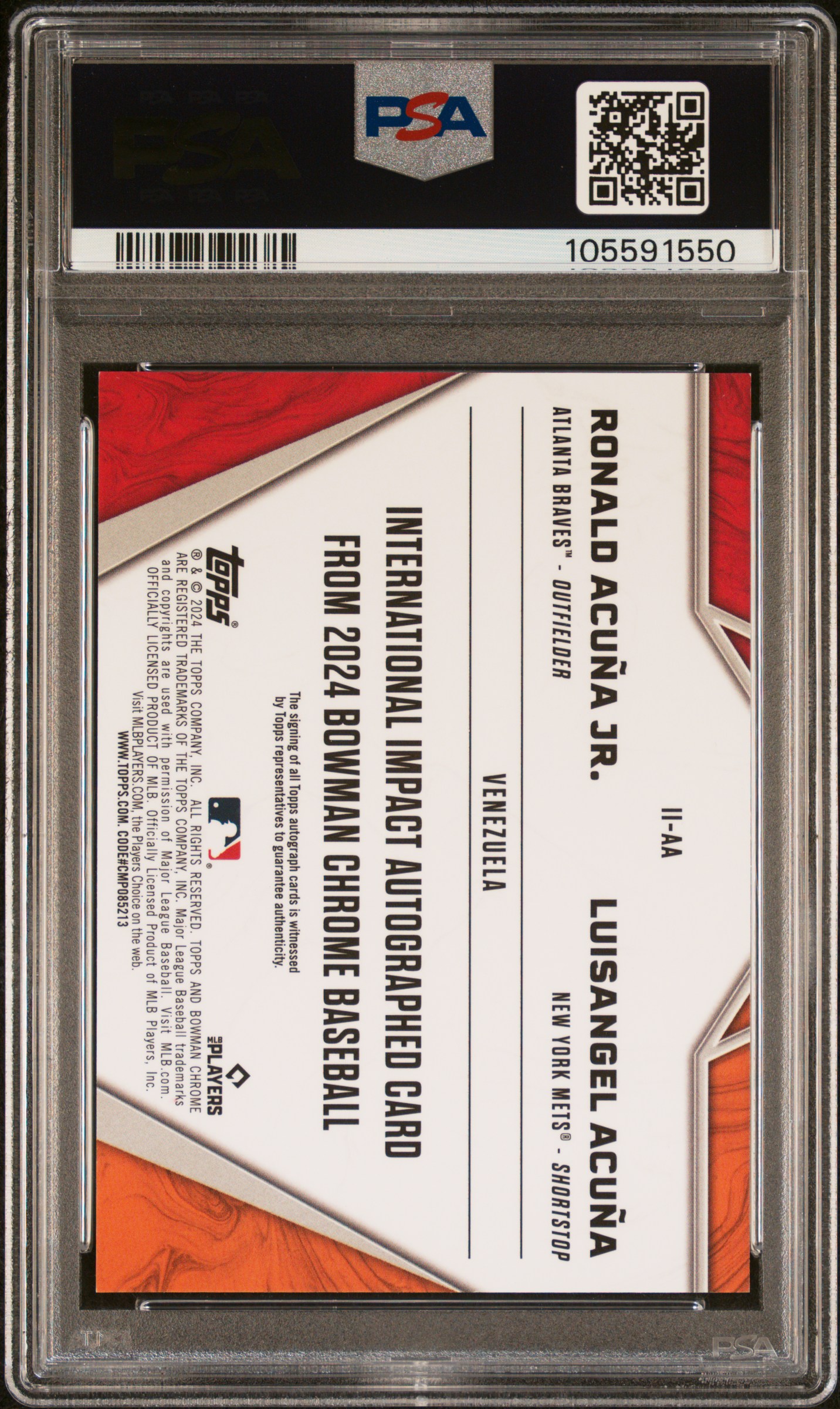 2024 Bowman Chrome International Impact Autographs Acuna/Acuna Jr. #Iiaa (Intl Impact Auto-Orange Ref) Mint 9 back