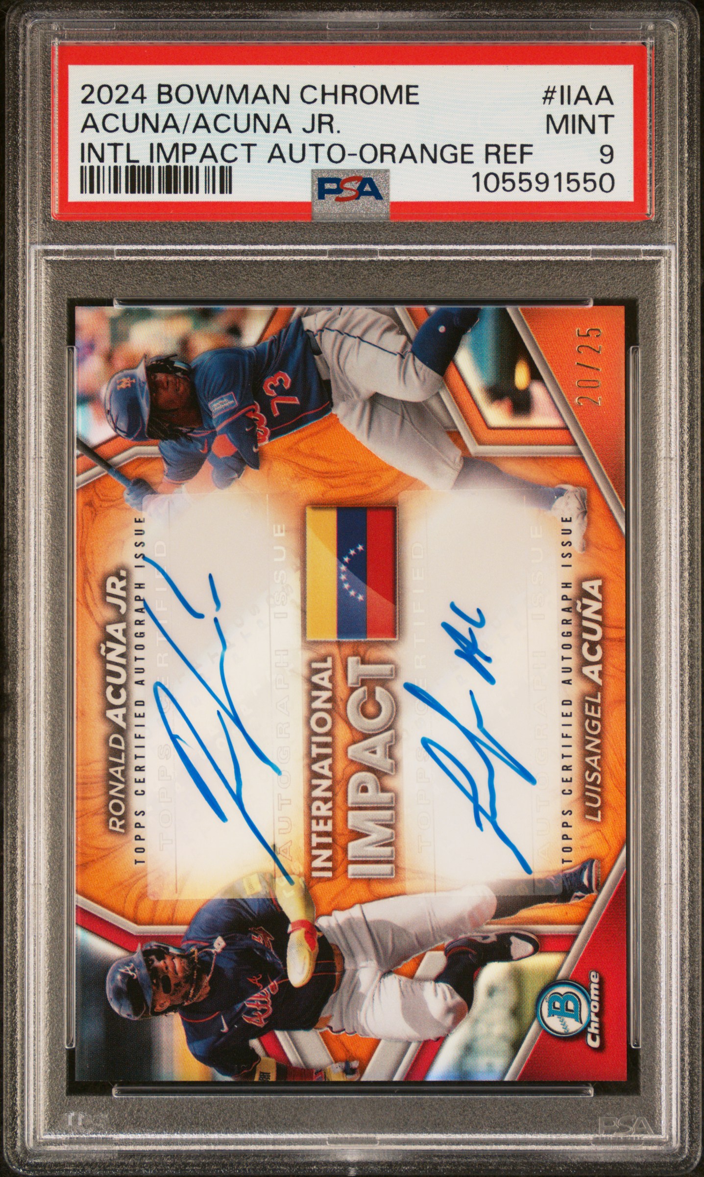 2024 Bowman Chrome International Impact Autographs Acuna/Acuna Jr. #Iiaa (Intl Impact Auto-Orange Ref) Mint 9 front