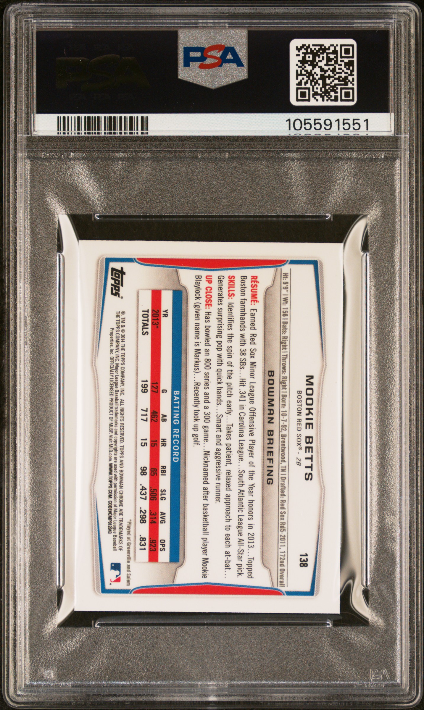 2014 Bowman Chrome Mini Mookie Betts #138 (Mini) Mint 9 back