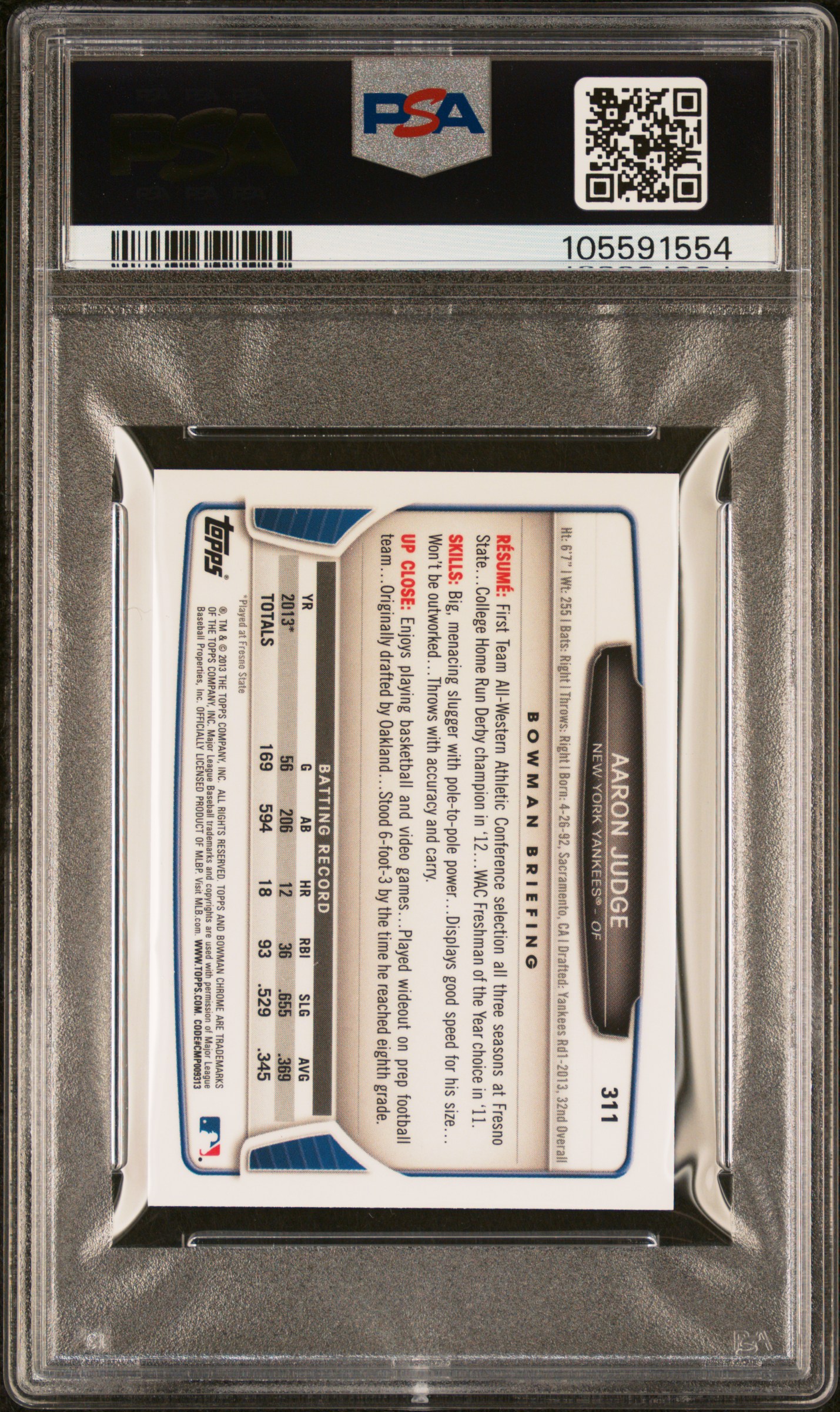 2013 Bowman Chrome Mini Aaron Judge #311 (Mini) Gem Mt 10 back