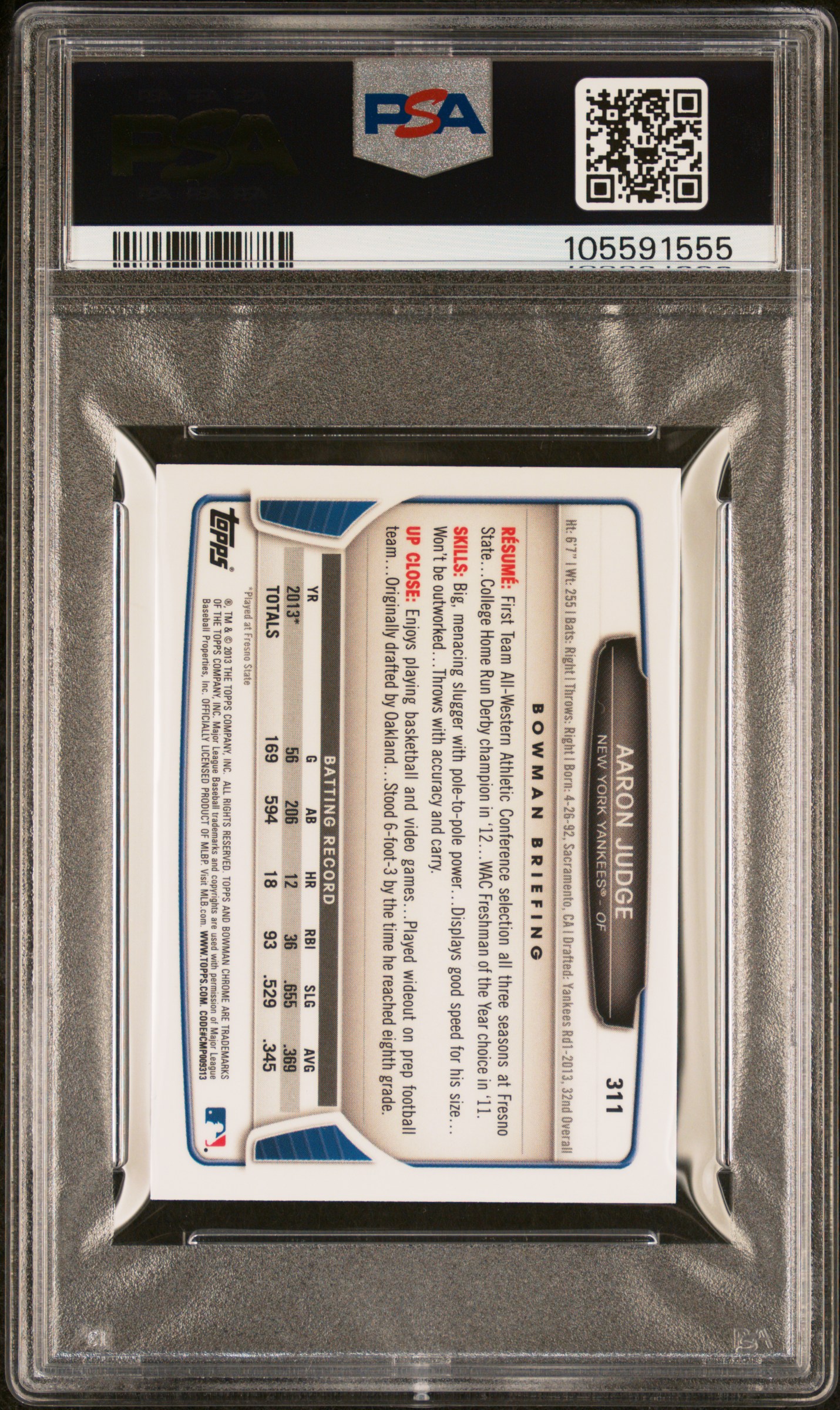 2013 Bowman Chrome Mini Aaron Judge #311 (Mini) Gem Mt 10 back