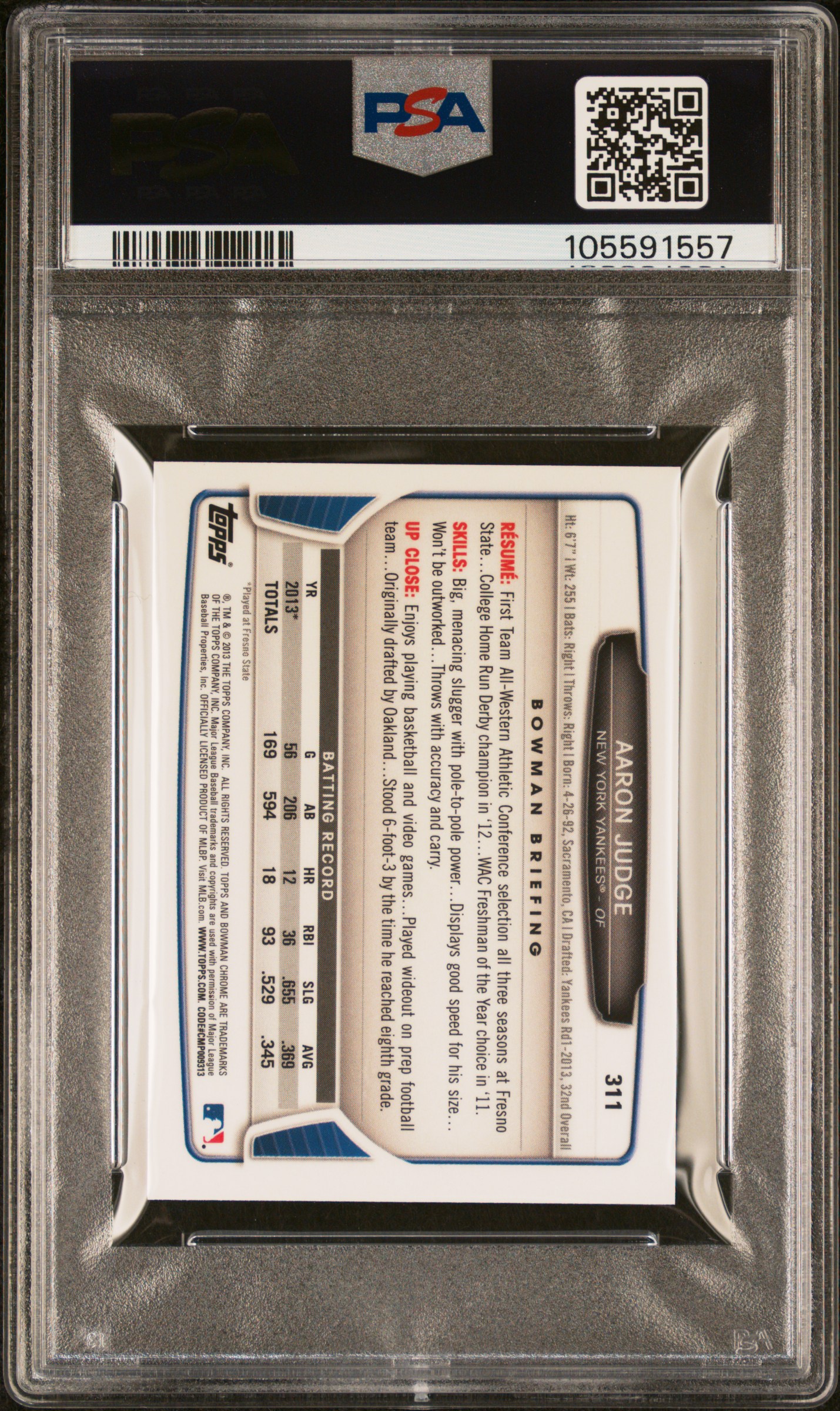 2013 Bowman Chrome Mini Aaron Judge #311 (Mini) Nm-Mt 8 back