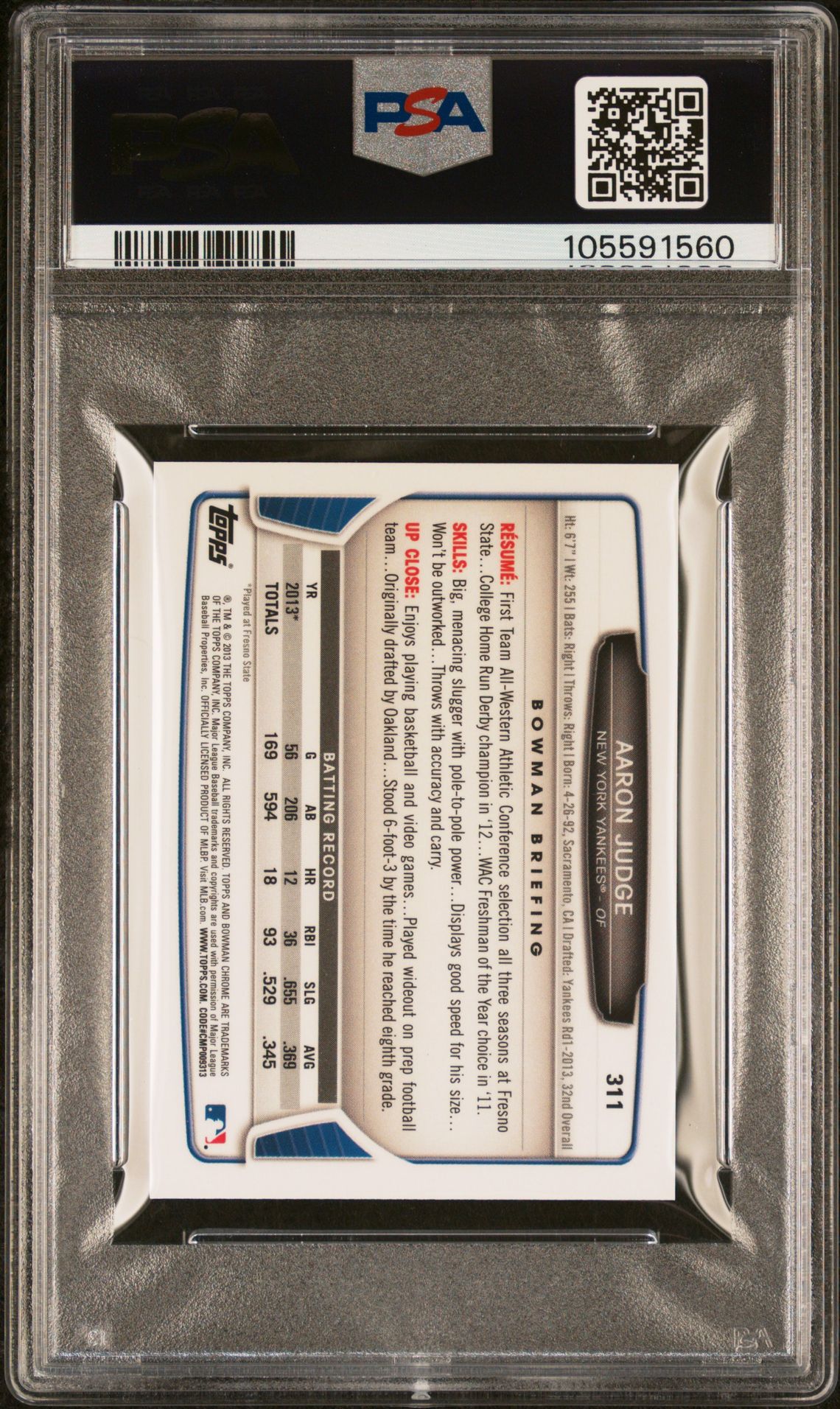 2013 Bowman Chrome Mini Aaron Judge #311 (Mini) Gem Mt 10 back