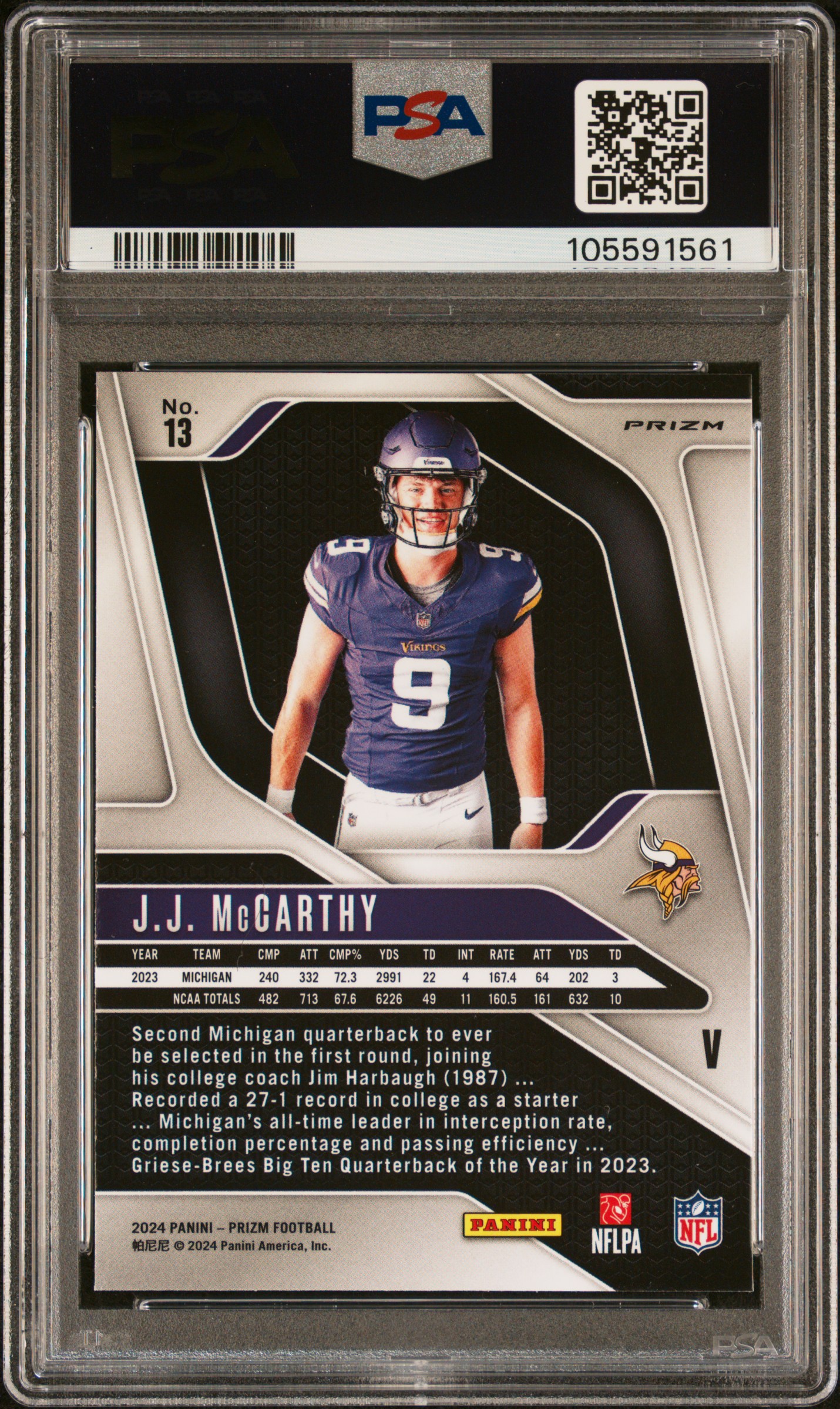 2024 Panini Prizm Rookie Variation Jj Mccarthy #13 Mint 9 back