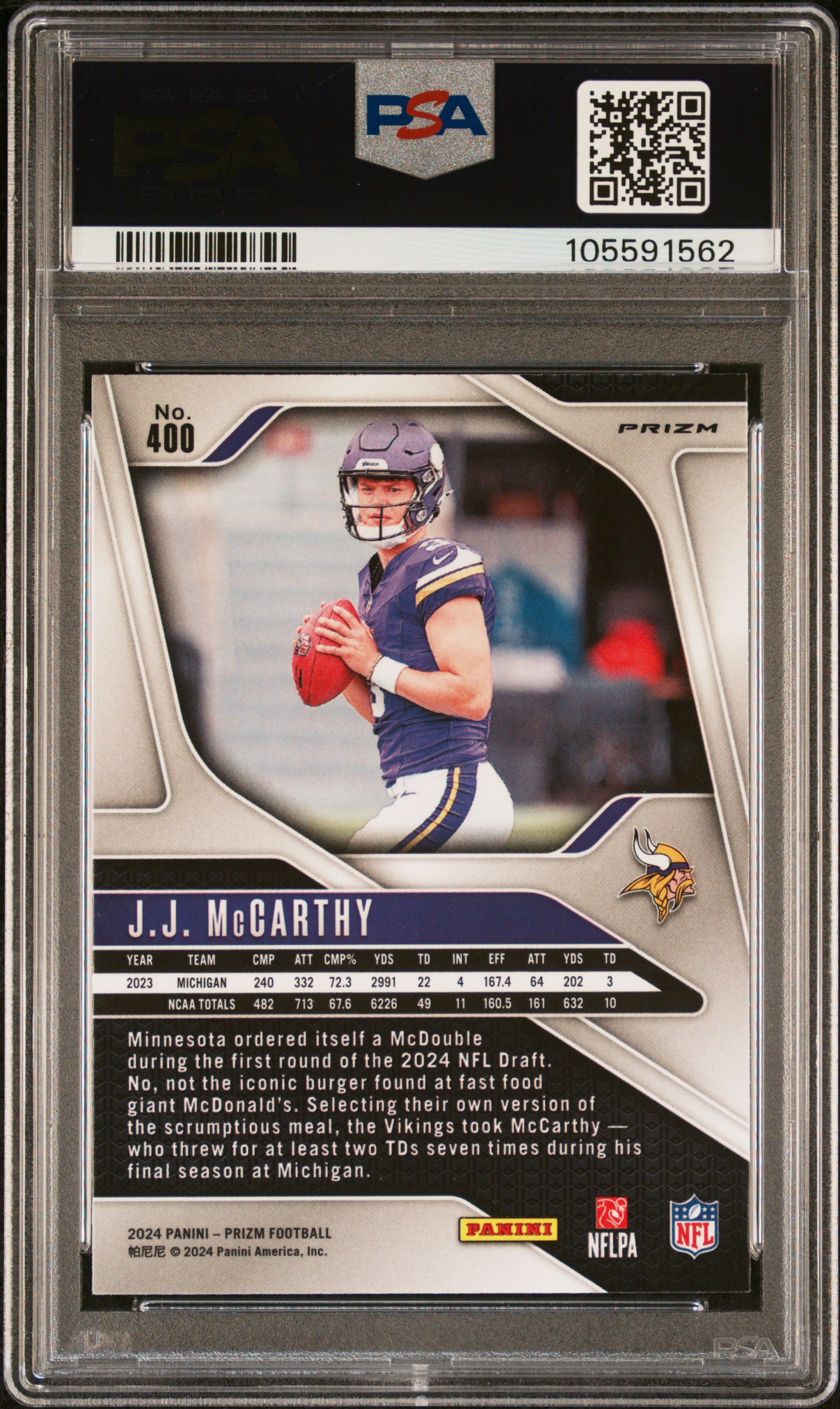 2024 Panini Prizm Jj Mccarthy #400 (Silver Prizm) Gem Mt 10 back