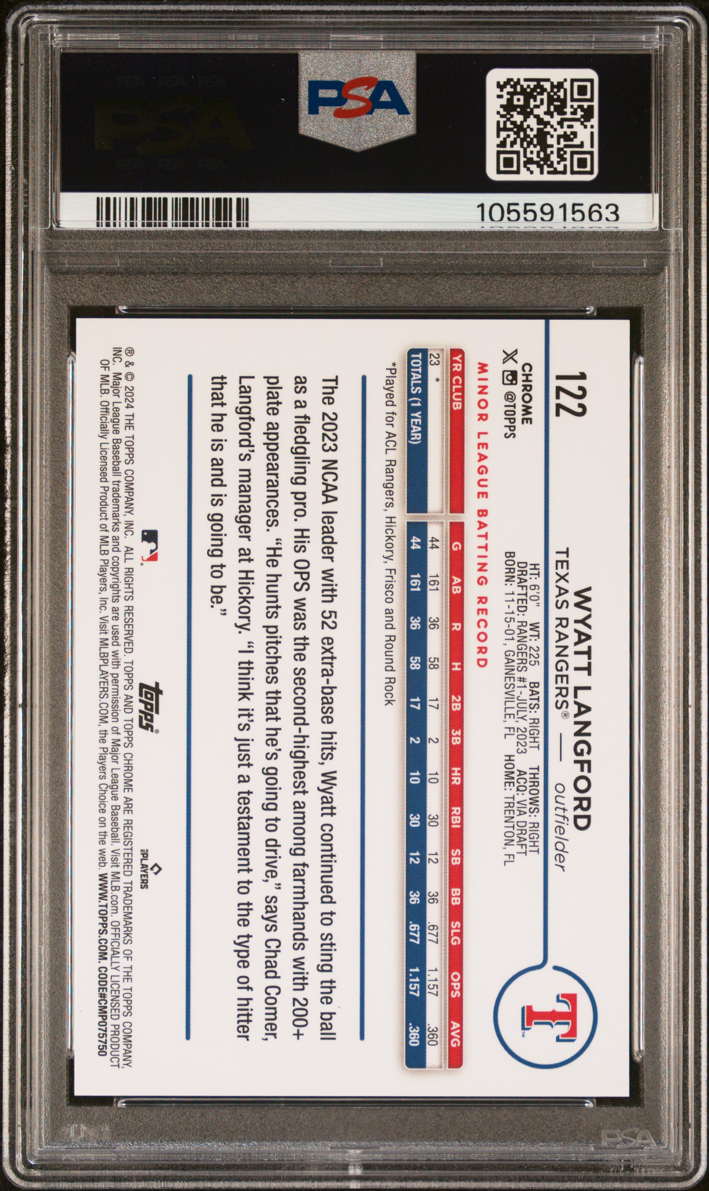 2024 Topps Chrome Wyatt Langford #122 (Variation) Gem Mt 10 back