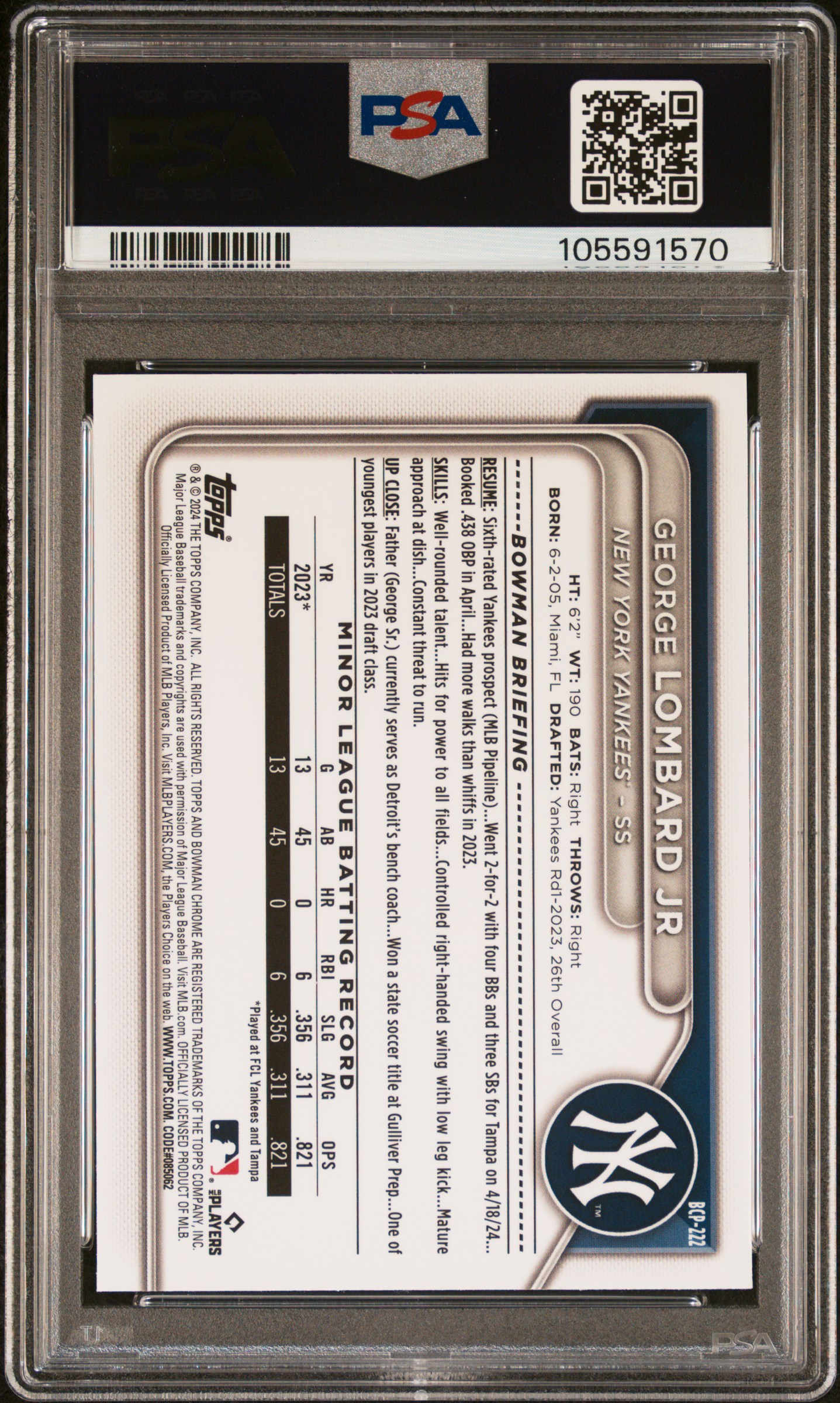 2024 Bowman Chrome Prospects George Lombard Jr #Bcp222 (Prospects-Shimmer Ref) Gem Mt 10 back