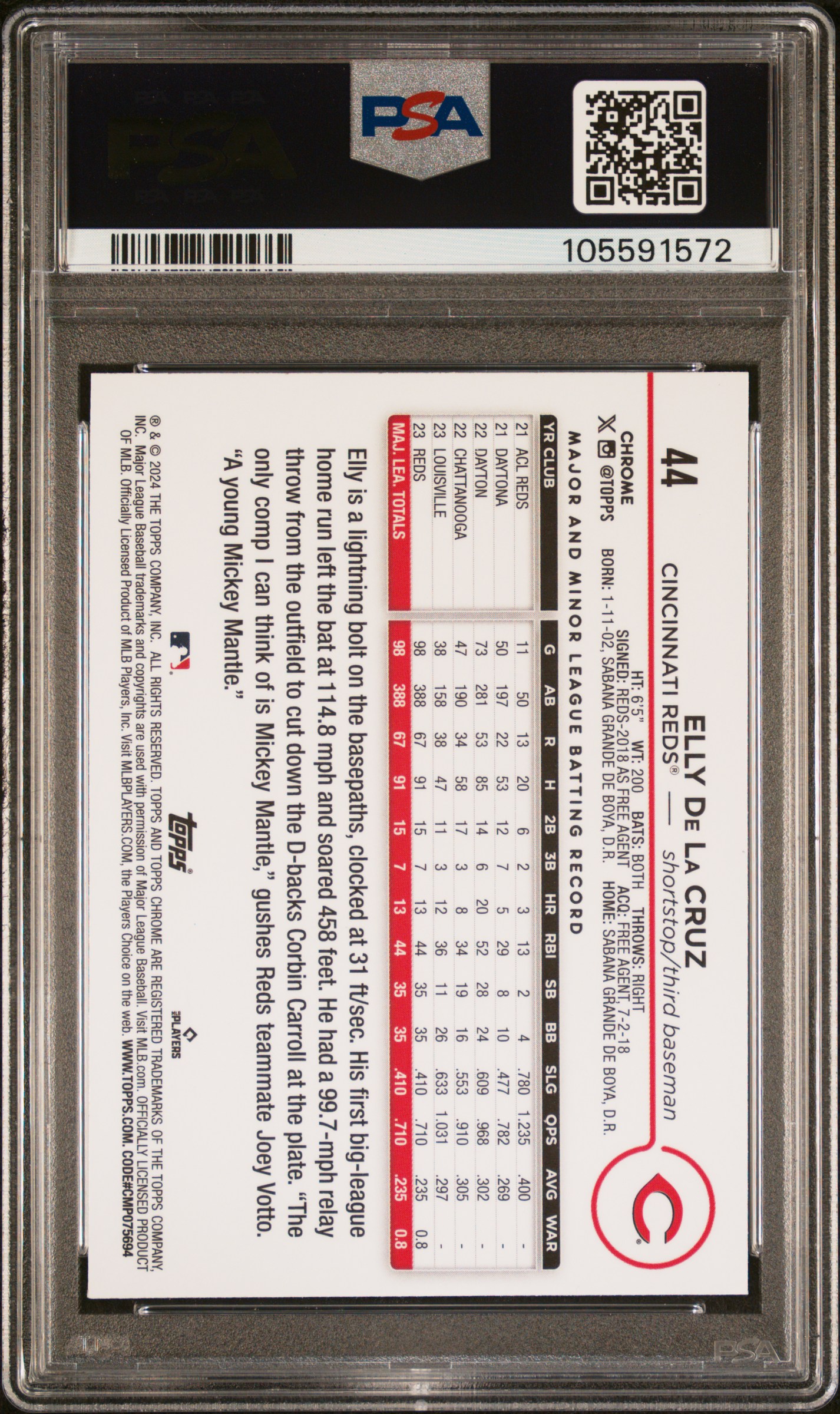 2024 Topps Chrome Elly De La Cruz #44 (Pink Refractor) Gem Mt 10 back