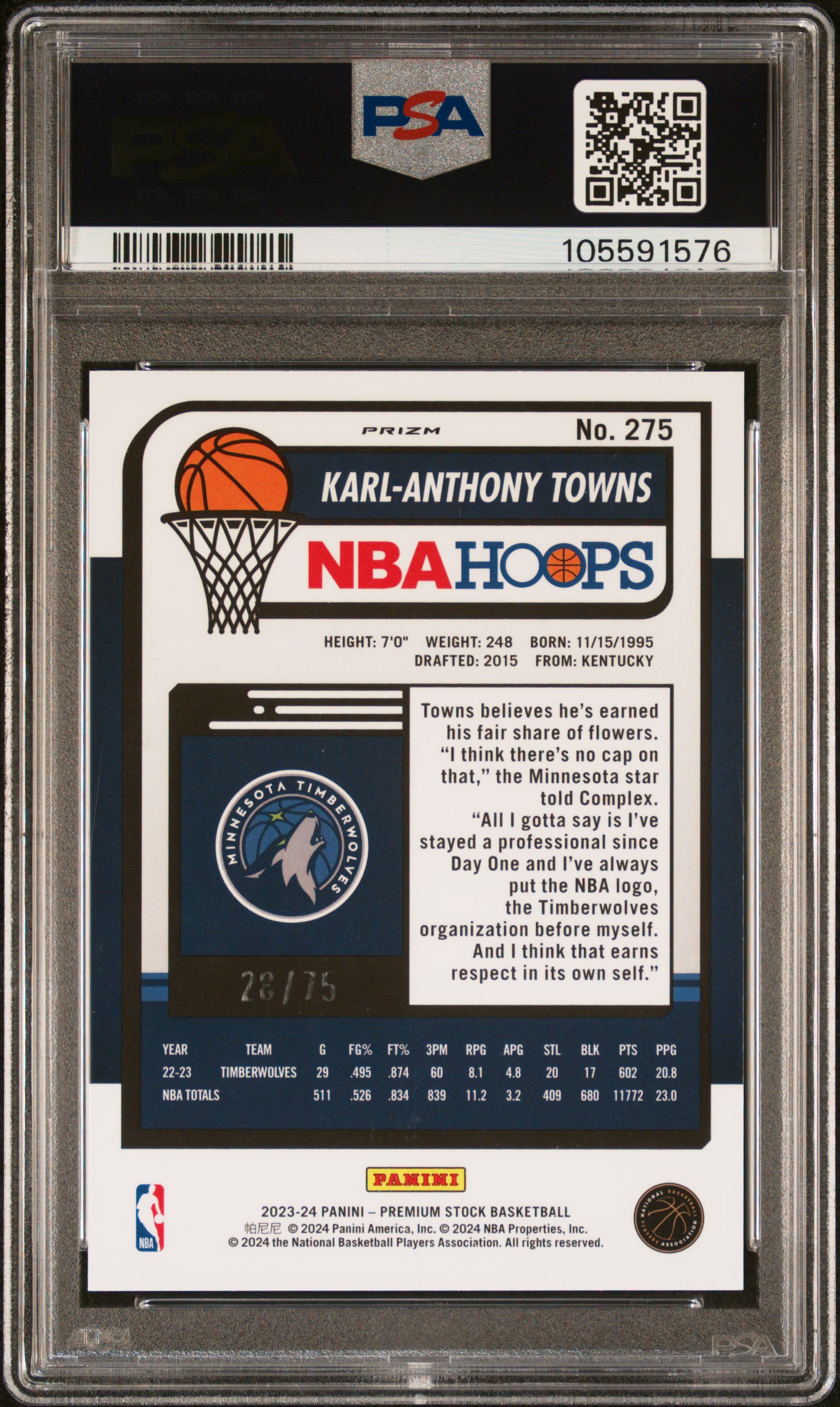 2023 Panini Hoops Premium Stock Karl-Anthony Towns #275 (Green Prizm) Mint 9 back