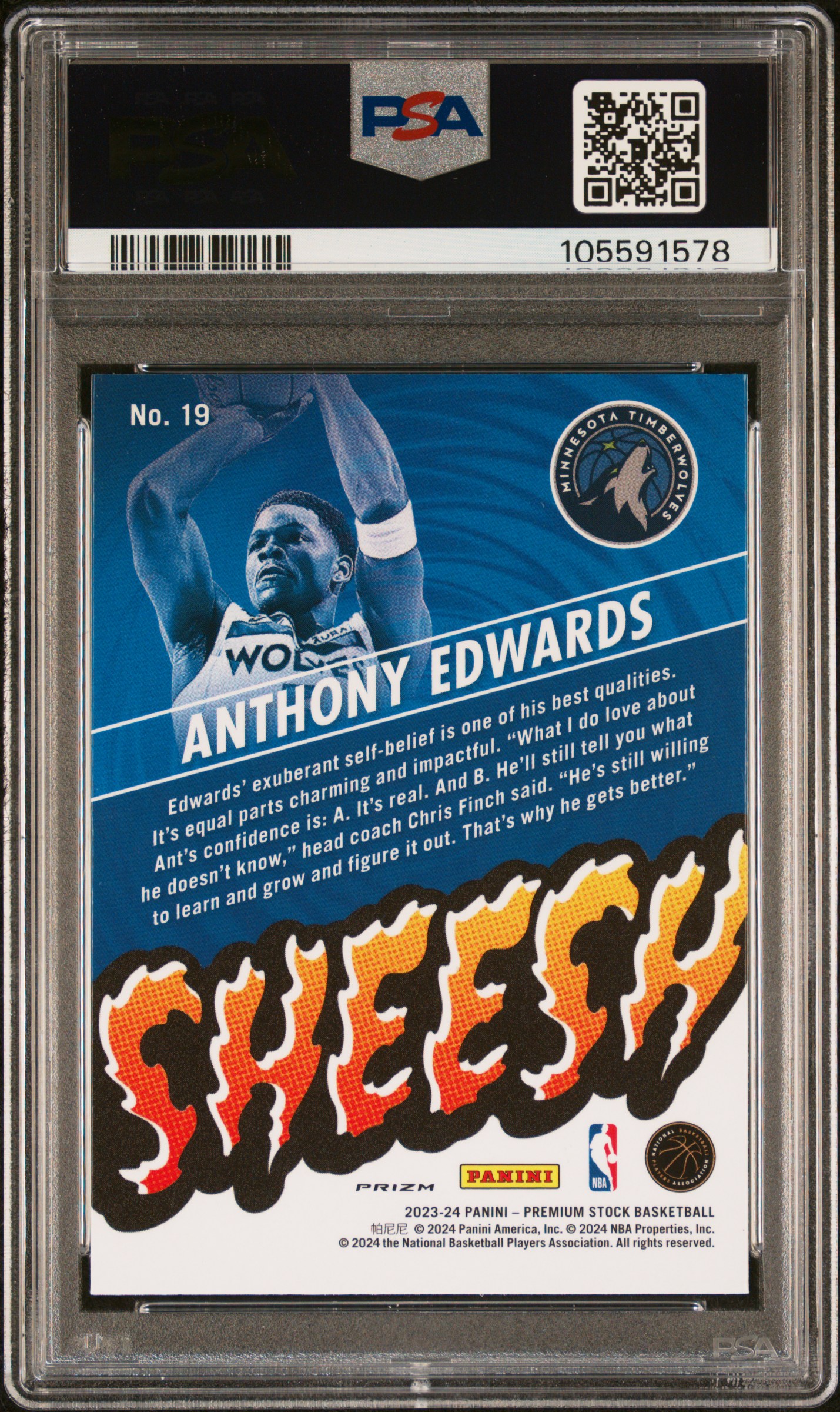 2023 Panini Hoops Premium Stock Sheesh Anthony Edwards #19 (Sheesh-Silver Prizm) Gem Mt 10 back