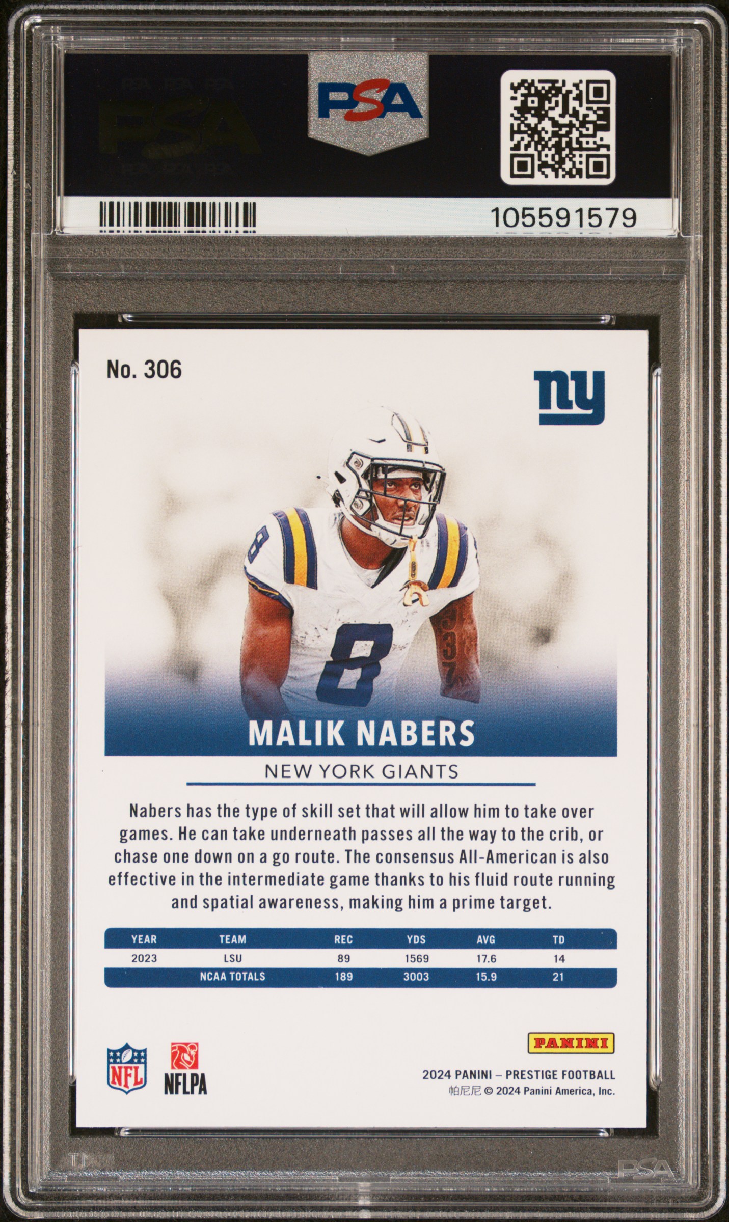 2024 Panini Prestige Malik Nabers #306 (Sunburst Xtra Points) Gem Mt 10 back