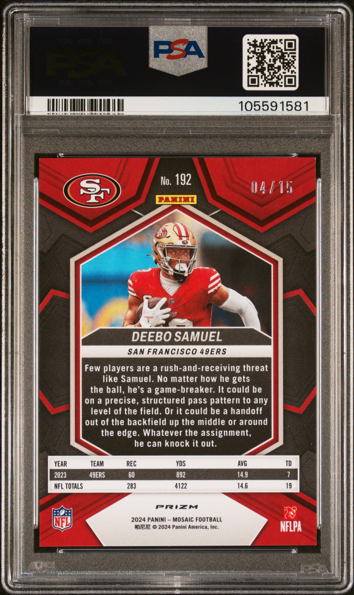 2024 Panini Mosaic Deebo Samuel #192 (Blue Fluorescent) Mint 9 back