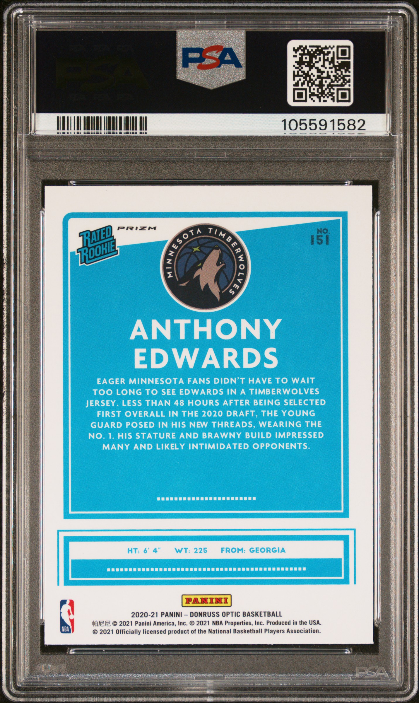 2020 Panini Donruss Optic Anthony Edwards #151 (Purple Shock) Mint 9 back