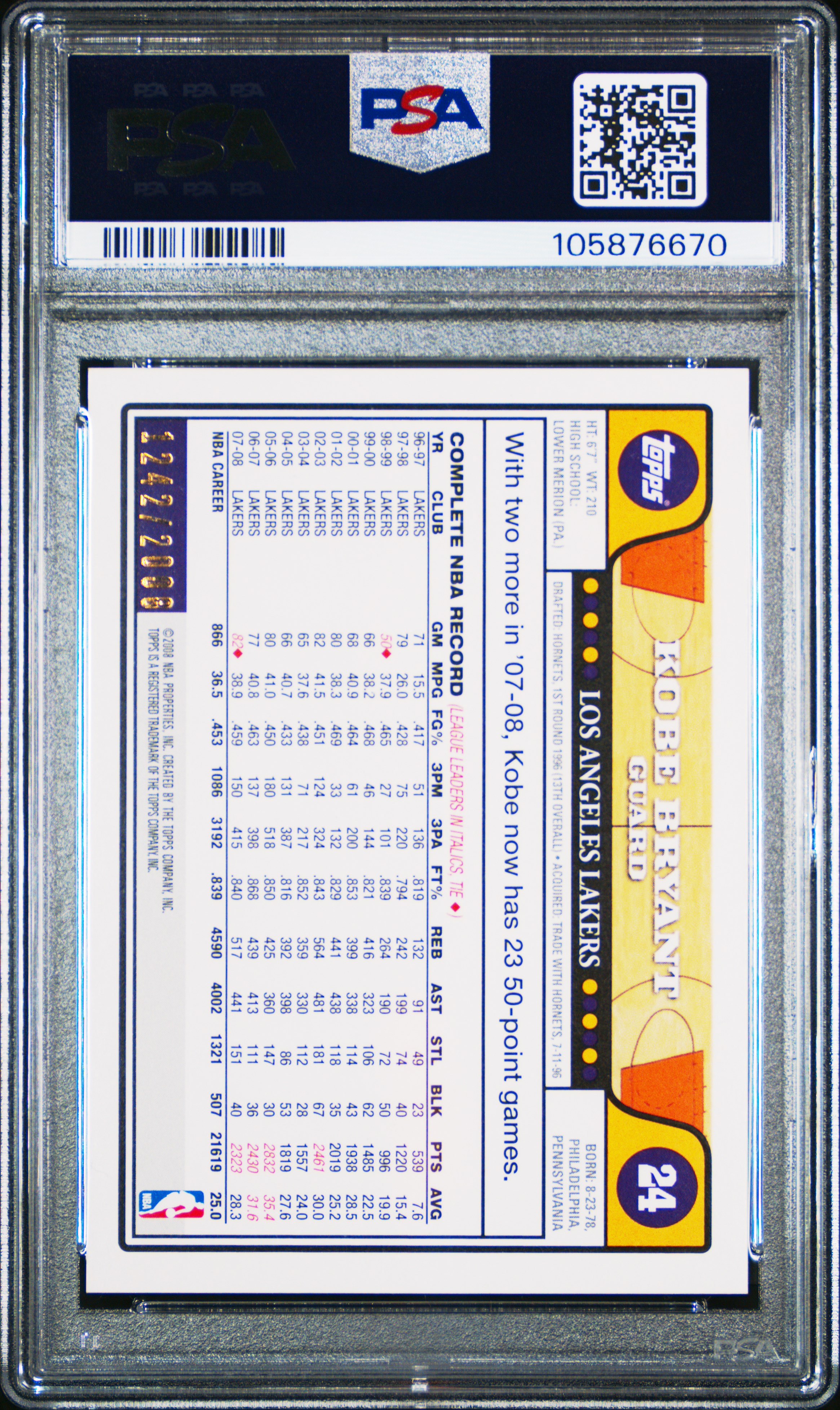 2008 Topps Kobe Bryant #24 (Gold) Ex-Mt 6 back