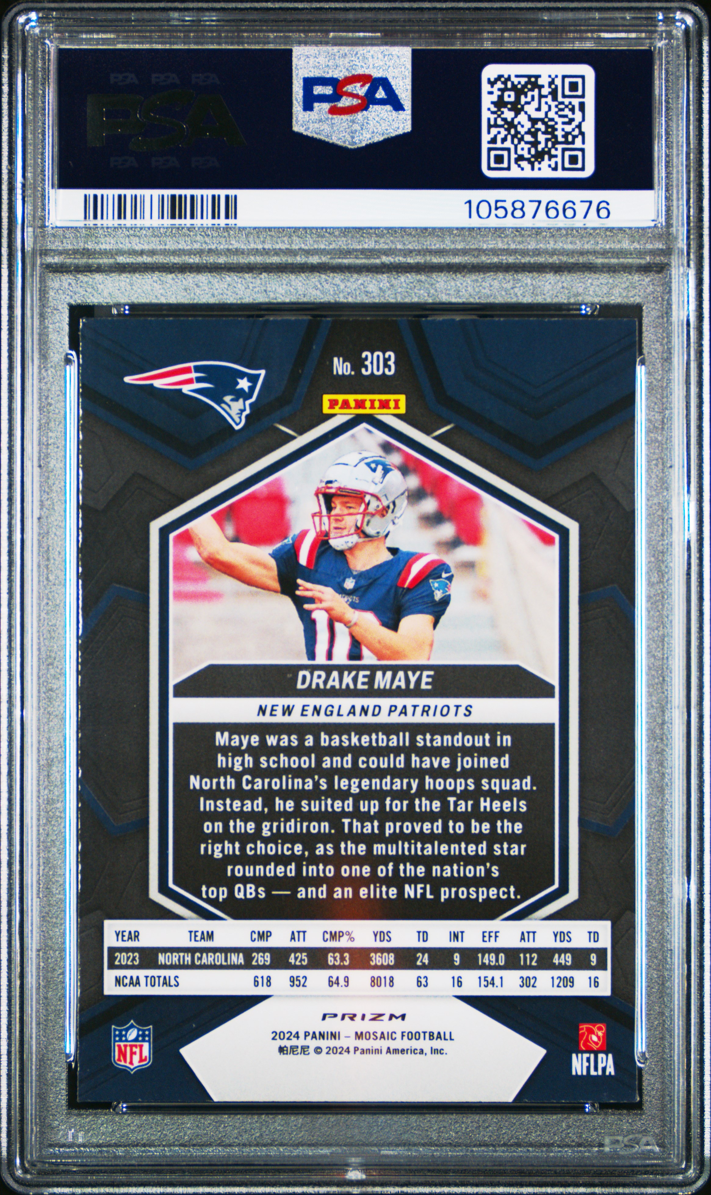 2024 Panini Mosaic Drake Maye #303 (Reactive Blue) Gem Mt 10 back