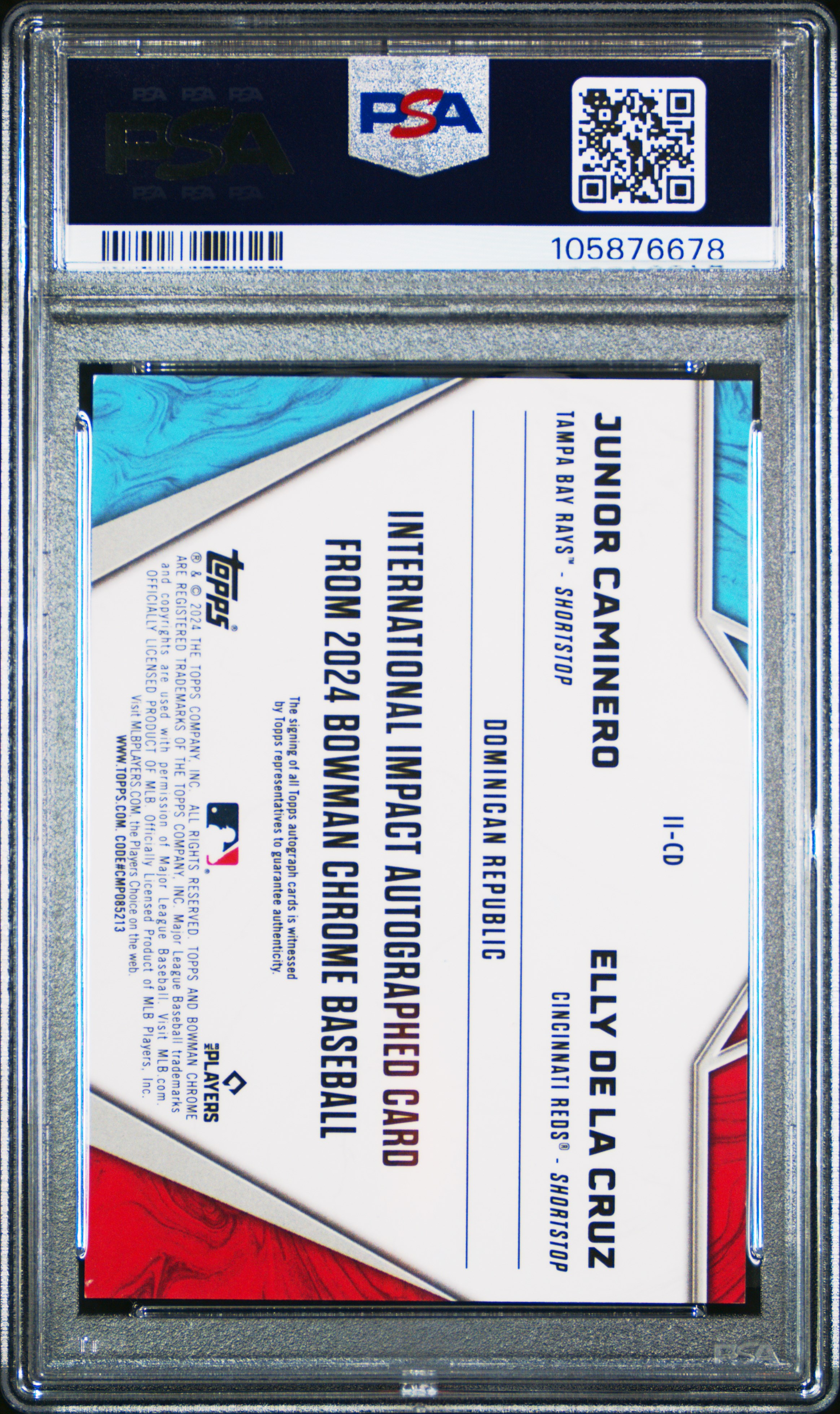 2024 Bowman Chrome International Impact Autographs Caminero/De La Cruz #Iicd Mint 9 back