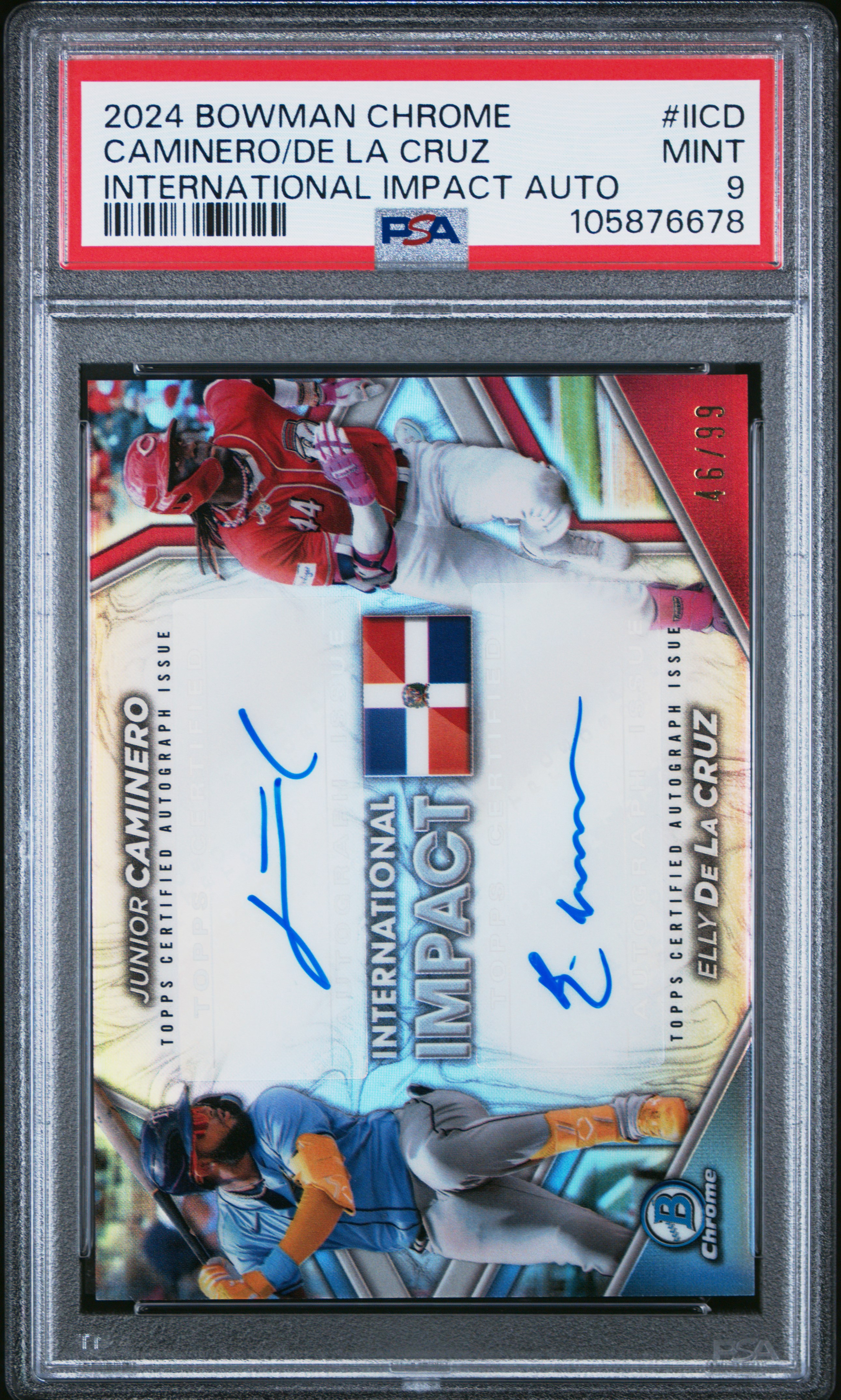 2024 Bowman Chrome International Impact Autographs Caminero/De La Cruz #Iicd Mint 9 front