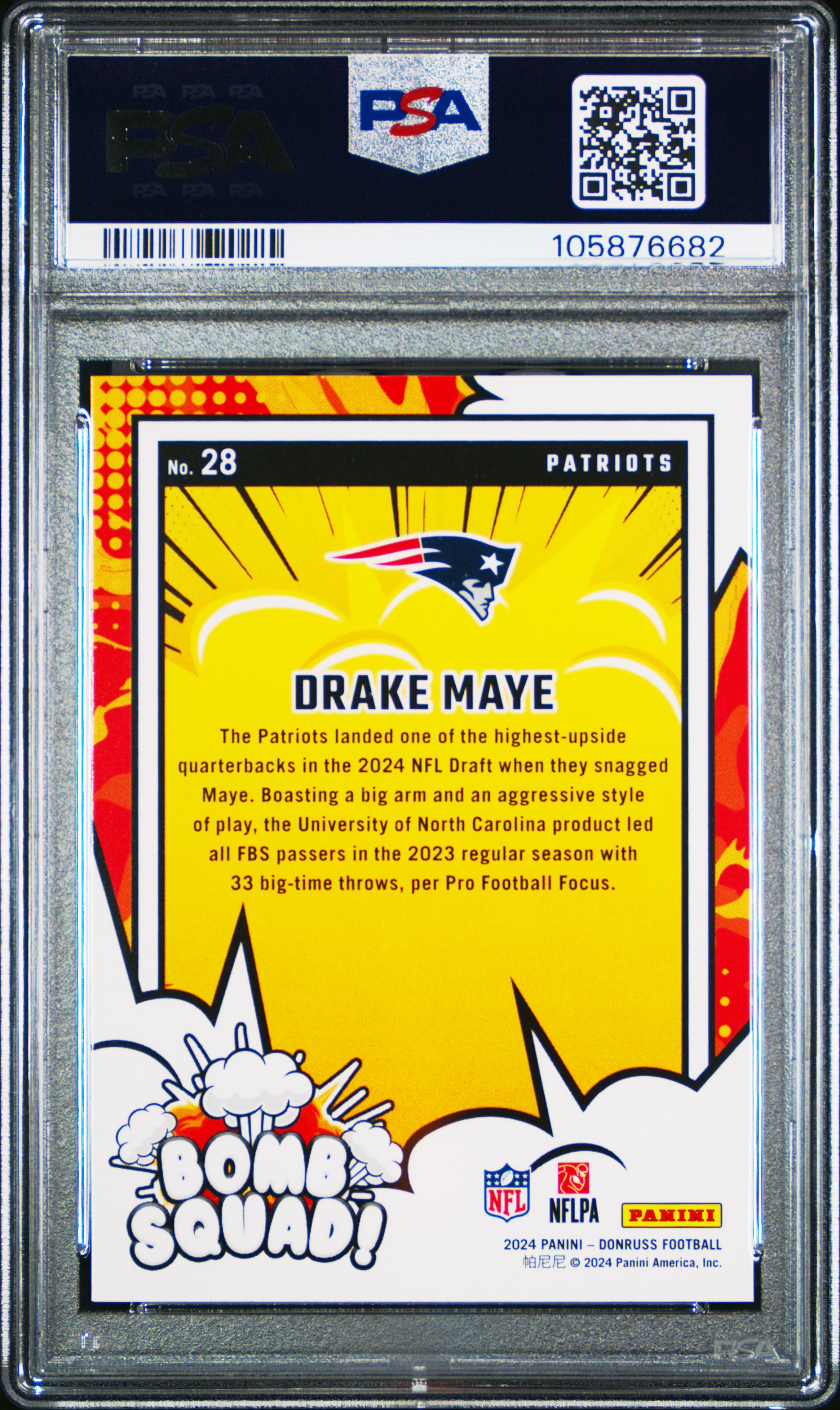 2024 Panini Donruss Bomb Squad Drake Maye #28 Gem Mt 10 back