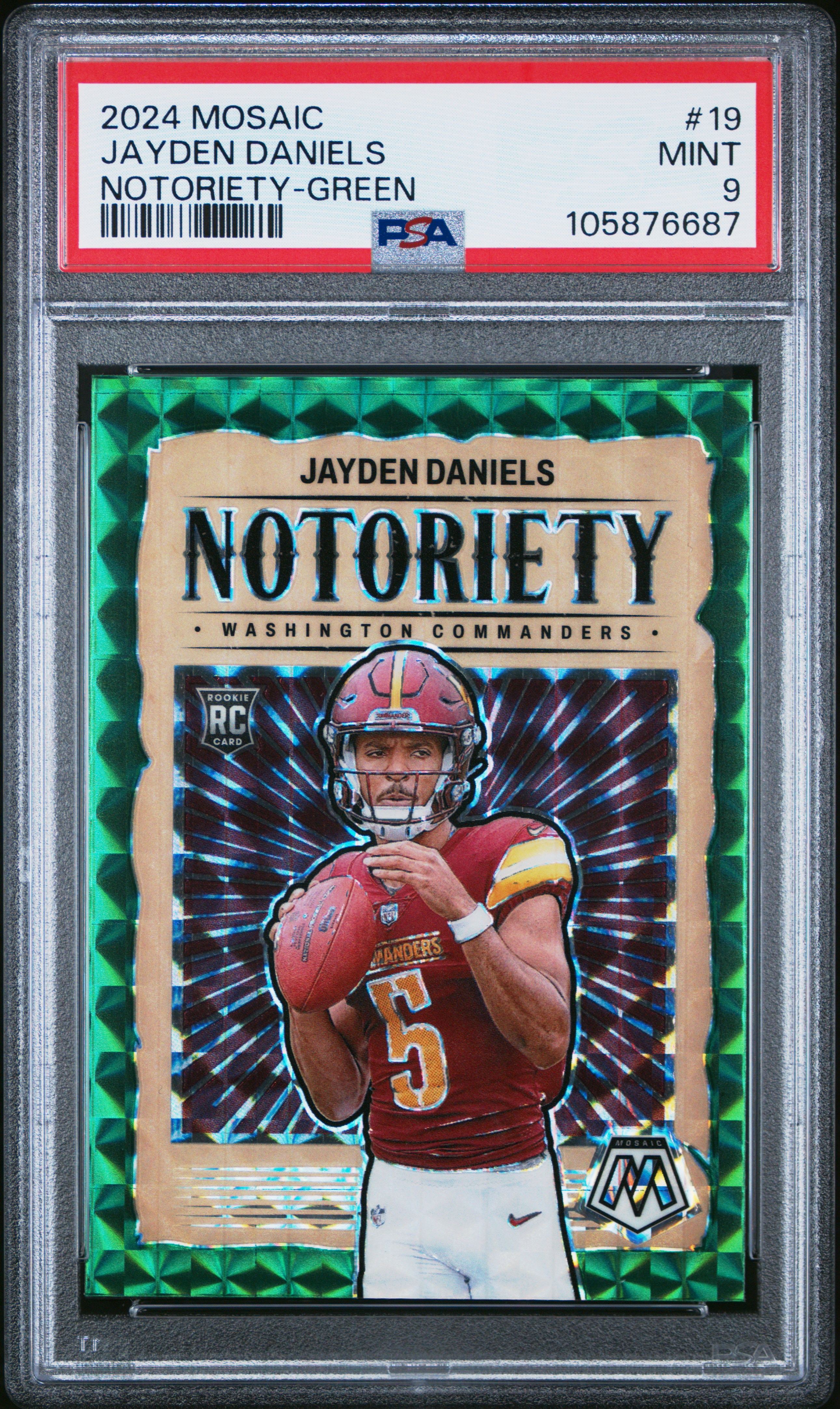 2024 Panini Mosaic Notoriety Jayden Daniels #19 (Notoriety-Green) Mint 9 front