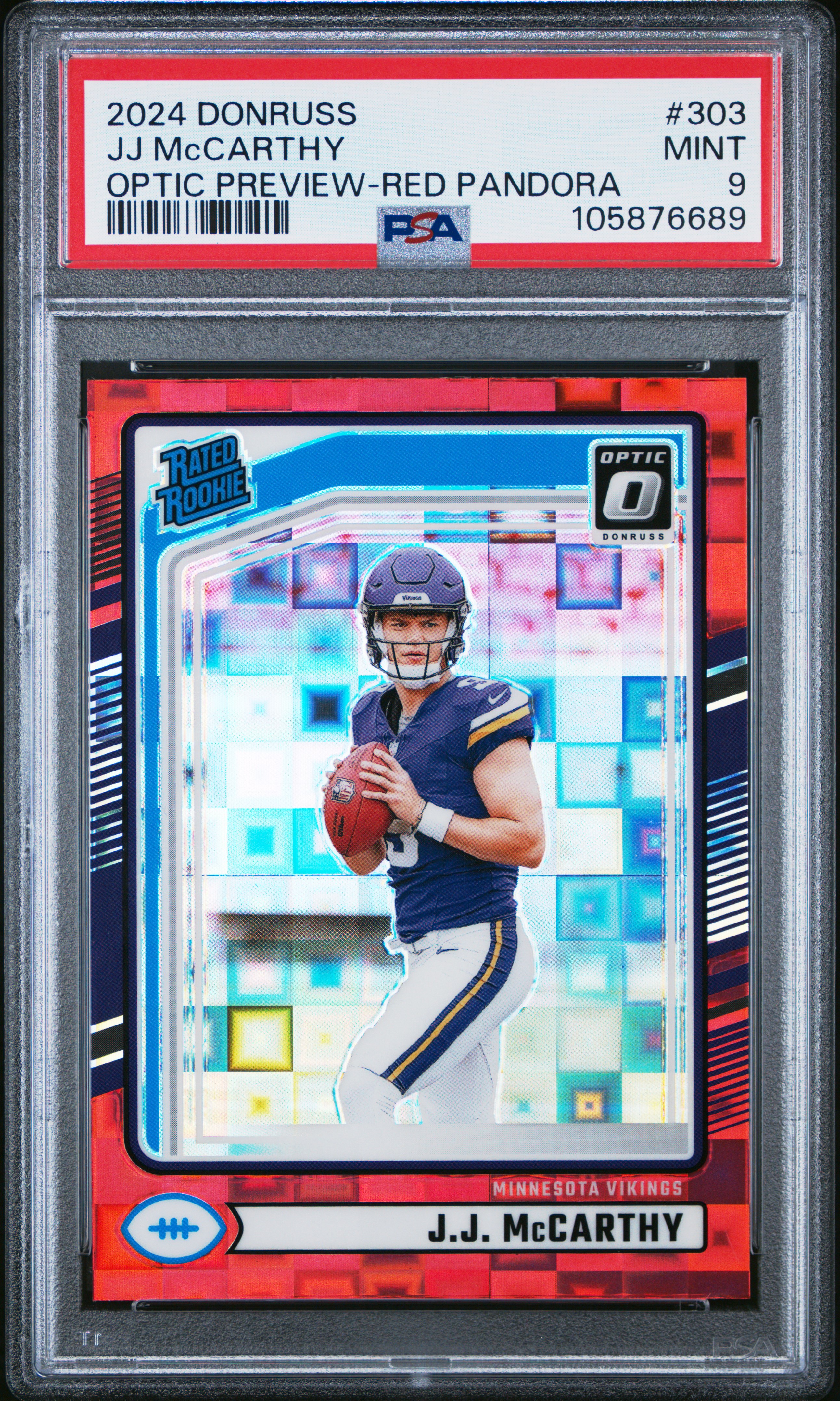 2024 Panini Donruss Jj Mccarthy #303 (Optic Preview-Red Pandora) Mint 9 front