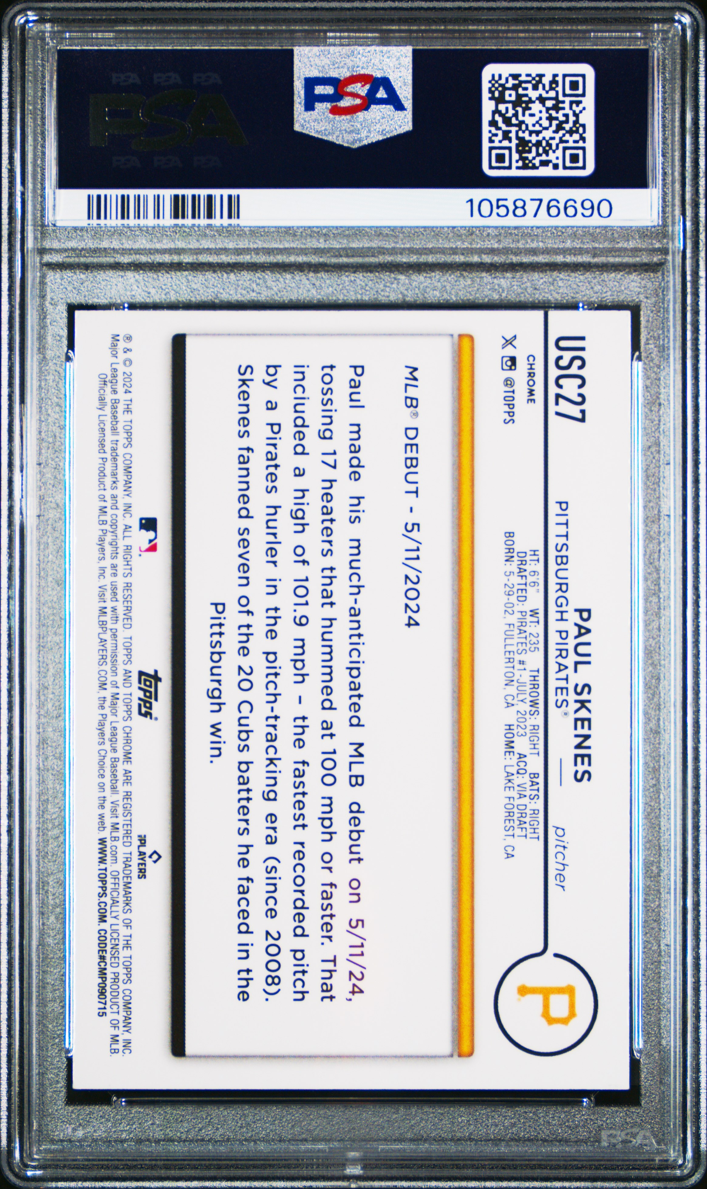 2024 Topps Chrome Update Paul Skenes #Usc27 (X-Fractor) Mint 9 back