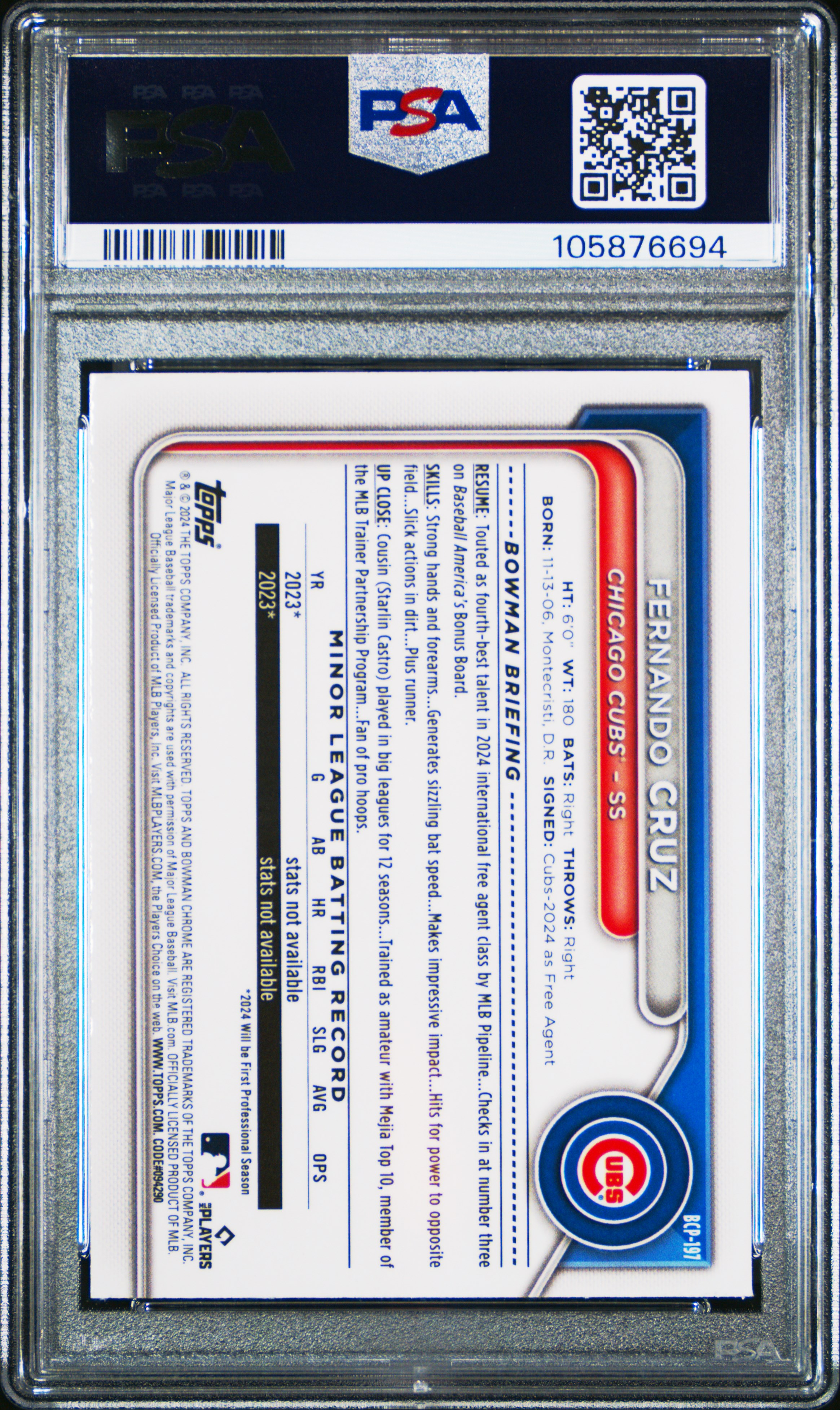 2024 Bowman Mega Box Chrome Prospects Fernando Cruz #197 (Prospects-Blue Refractor) Mint 9 back